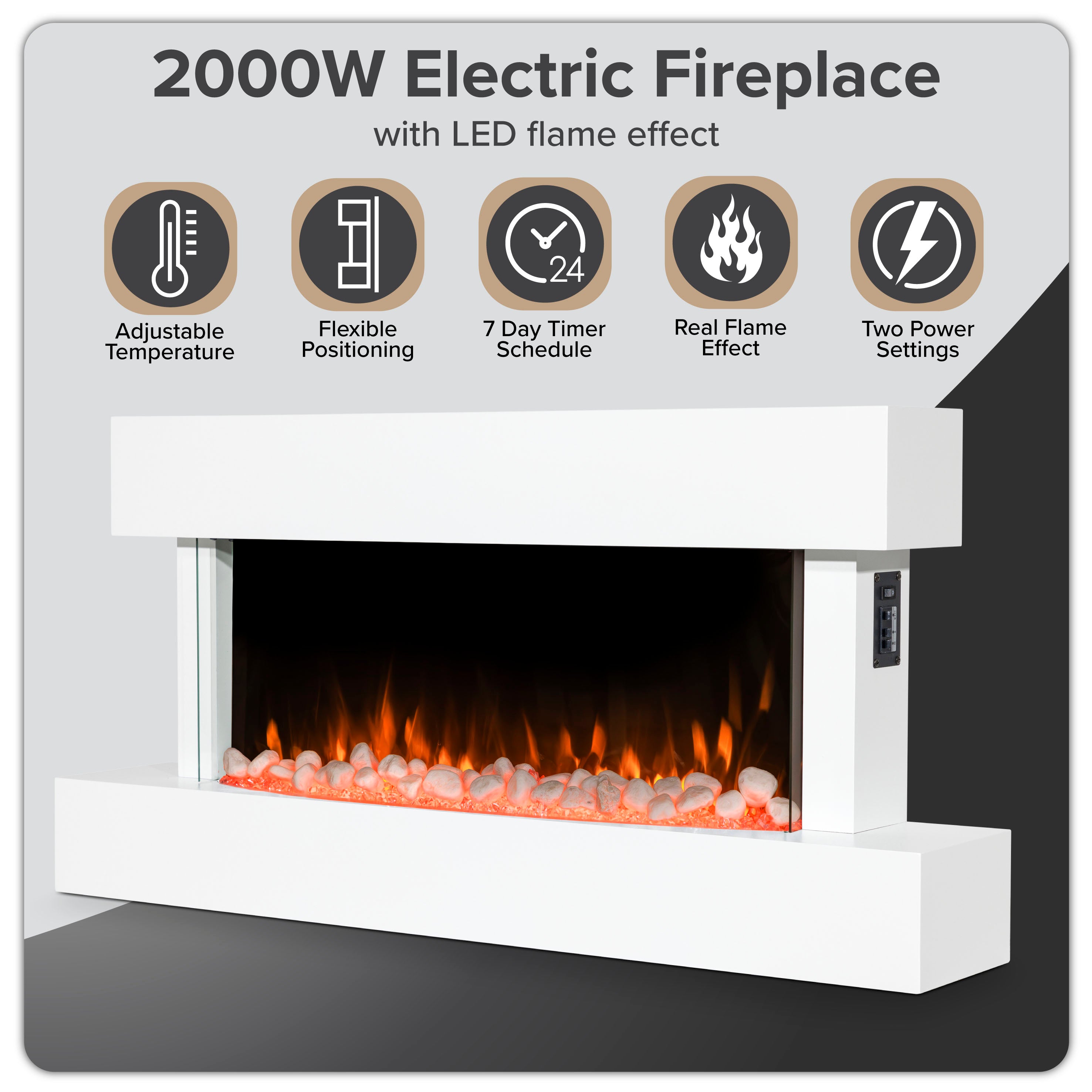 Baridi 46 Inch Electric Fireplace Wall Mounted with Realistic LED Flame Effects - White DH113 - Perfect for Living Room, Bedroom & Office Heating & Ambiance