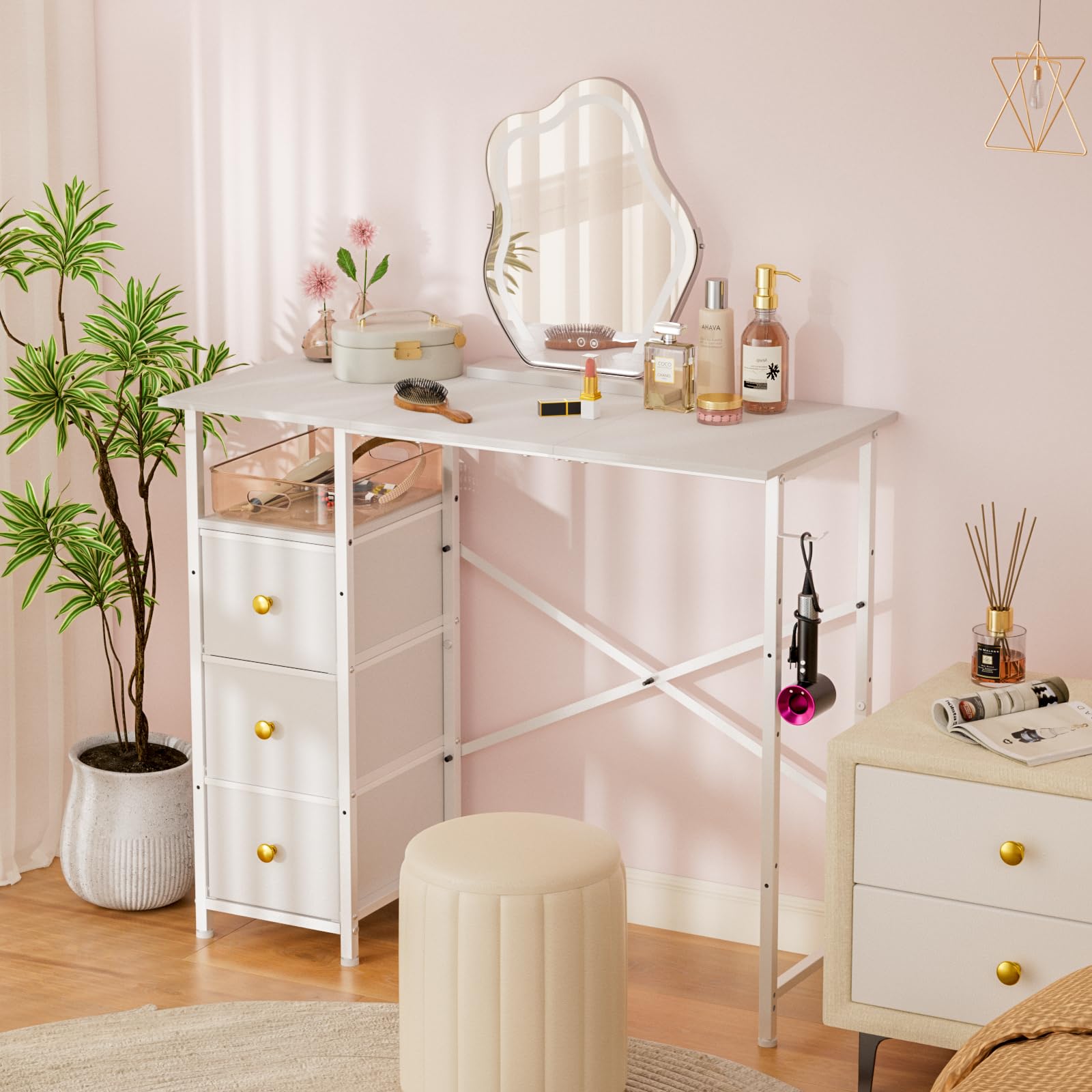 White Vanity Desk Without Mirror - Small Makeup Table with 3 Fabric Drawers & Storage Hook - 35.4 Inch Dressing Table for Small Spaces - Perfect for Bedroom, Apartment & Dorm Room Organization