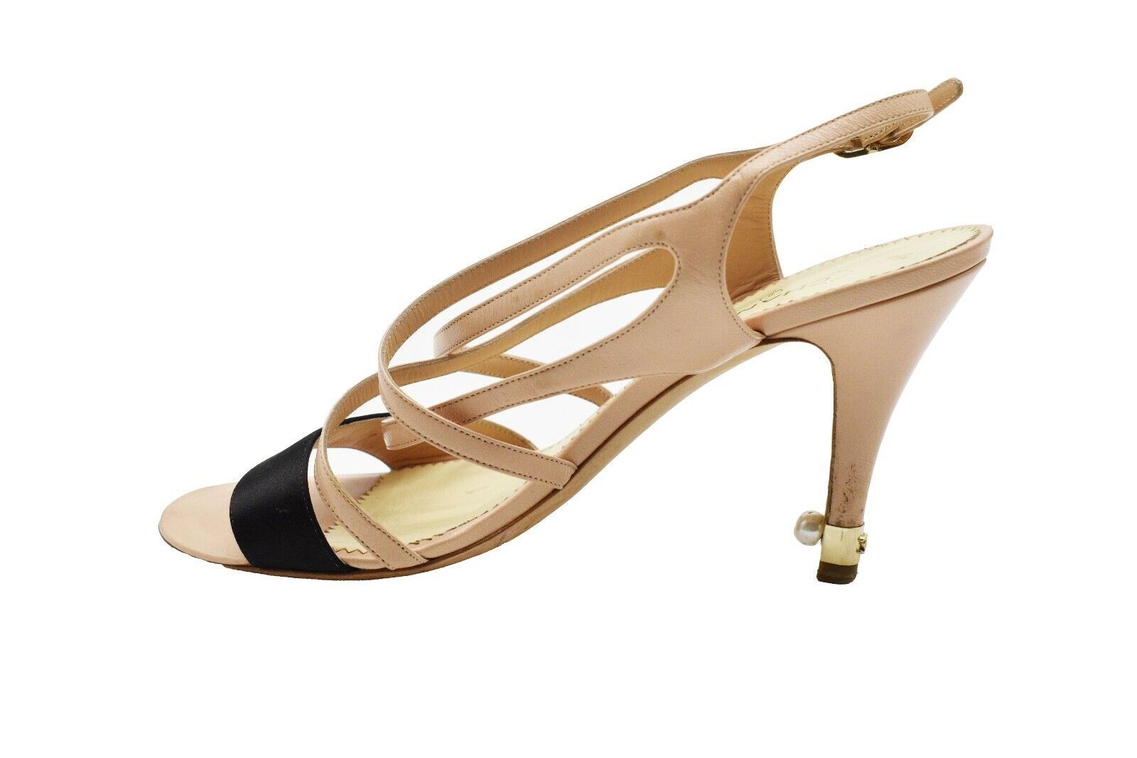Chanel CC Logo Strappy Sandal Open Toe Heels - Satin Beige & Black - Women's Size US 8 (EU 39) - Perfect for Weddings, Parties & Evening Events