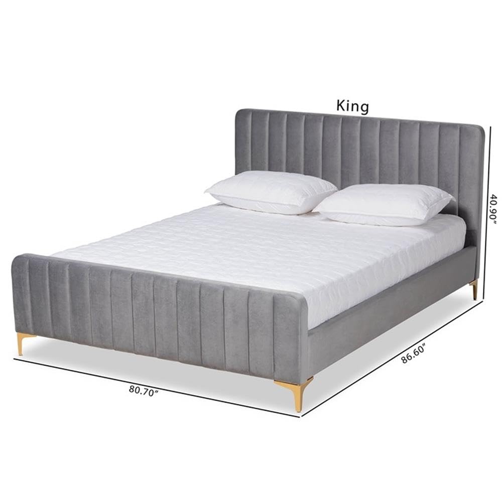BOWERY HILL Grey Fabric Upholstered Queen Size Platform Bed with Gold Finish - Modern Bedroom Furniture for Small Spaces & Guest Rooms