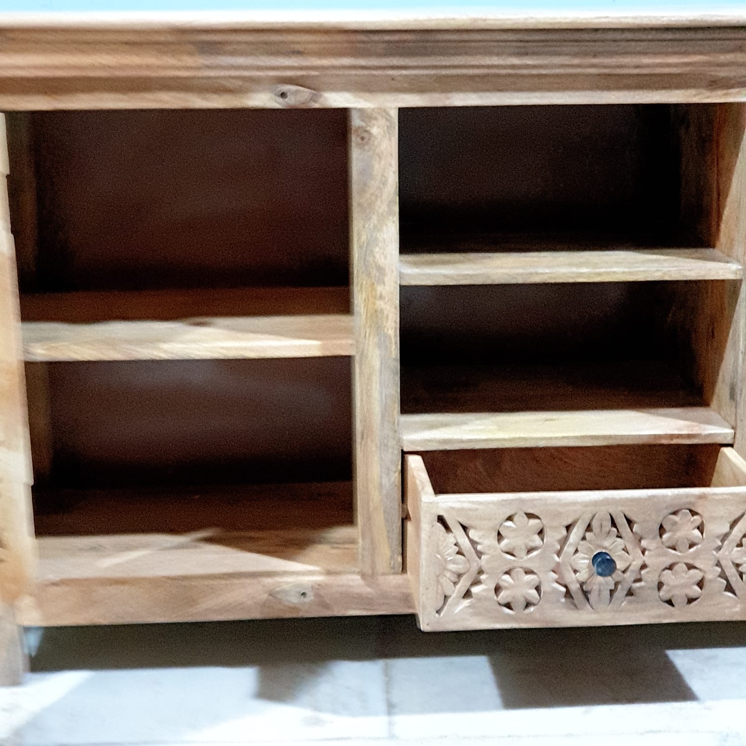 Handmade Carved Indian Mango Wood 2 Door 1 Drawer Sideboard Cabinet - Natural Finish for Dining Room, Living Room & Entryway Storage
