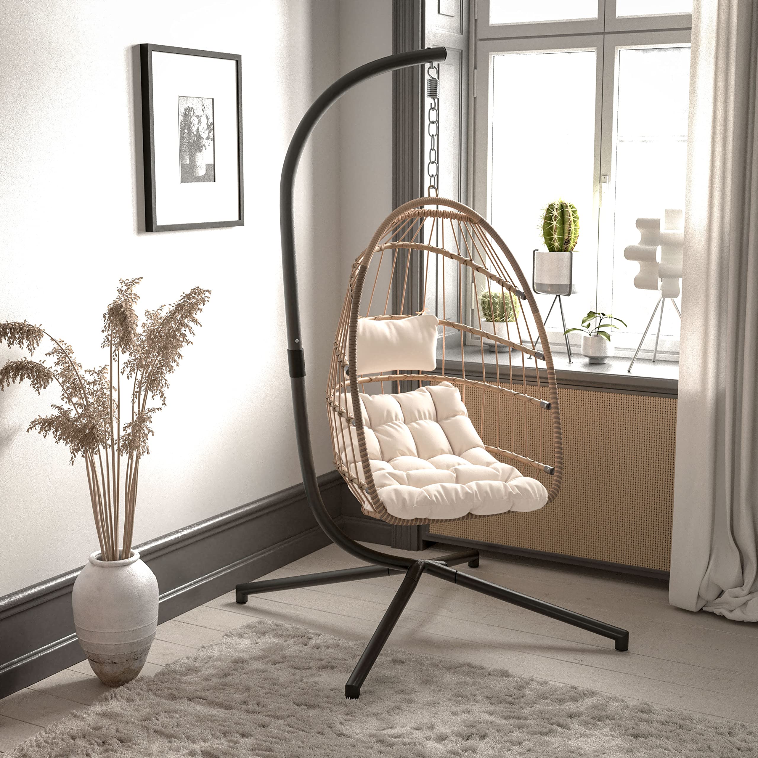 EMMA + OLIVER Awen Hanging Egg Chair with Stand - Natural Woven Polyethylene Rattan, Black Steel Frame & Removable Cream Cushions - Foldable Outdoor Swing Chair for Patio, Garden, Backyard Relaxation