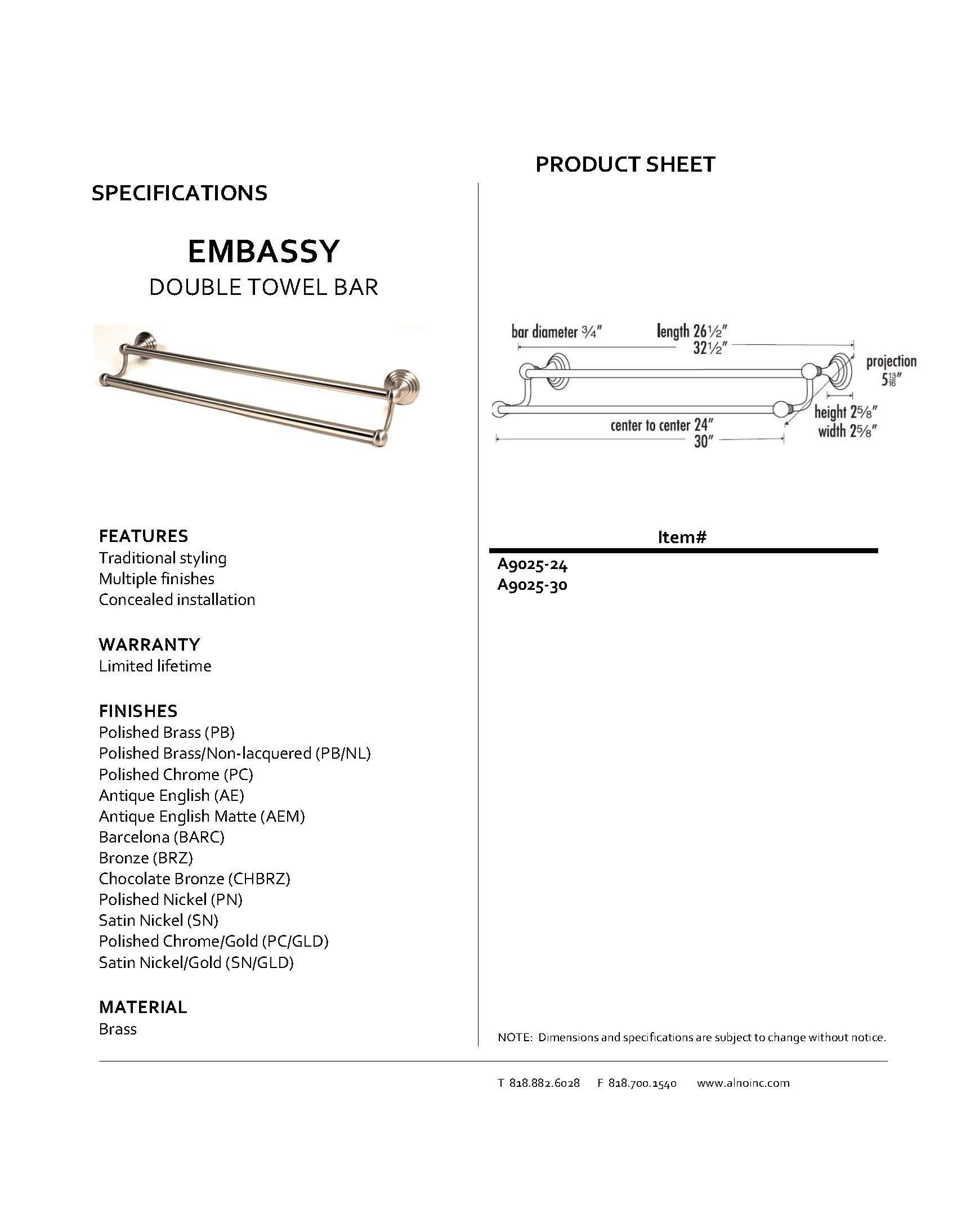 Embassy Double Traditional Towel Bars 30