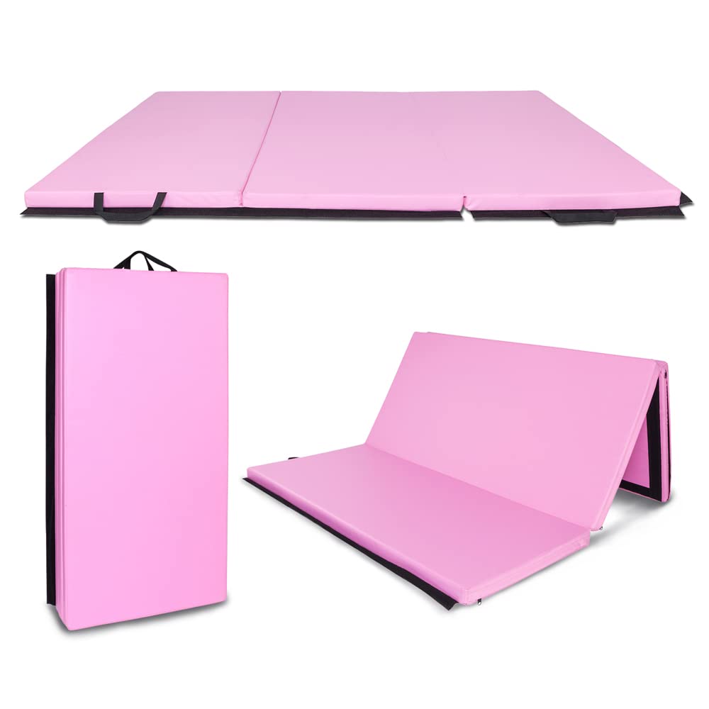 6ft x 4ft 3-Panel Non-Slip Folding Exercise Mat for Yoga, Gymnastics, Aerobics & Home Workouts - Portable Fitness Floor Mat with Carry Handles - Pink - Perfect for Home Gym, Studio & Outdoor Training