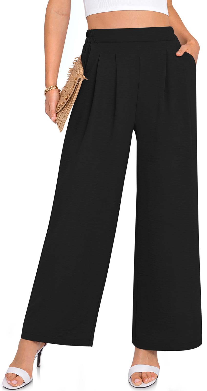 TARSE Women's Wide Leg Dress Pants - High Waisted Elastic Business Casual Palazzo Trousers with Pockets | Perfect for Office Work, Professional Meetings & Stylish Everyday Wear