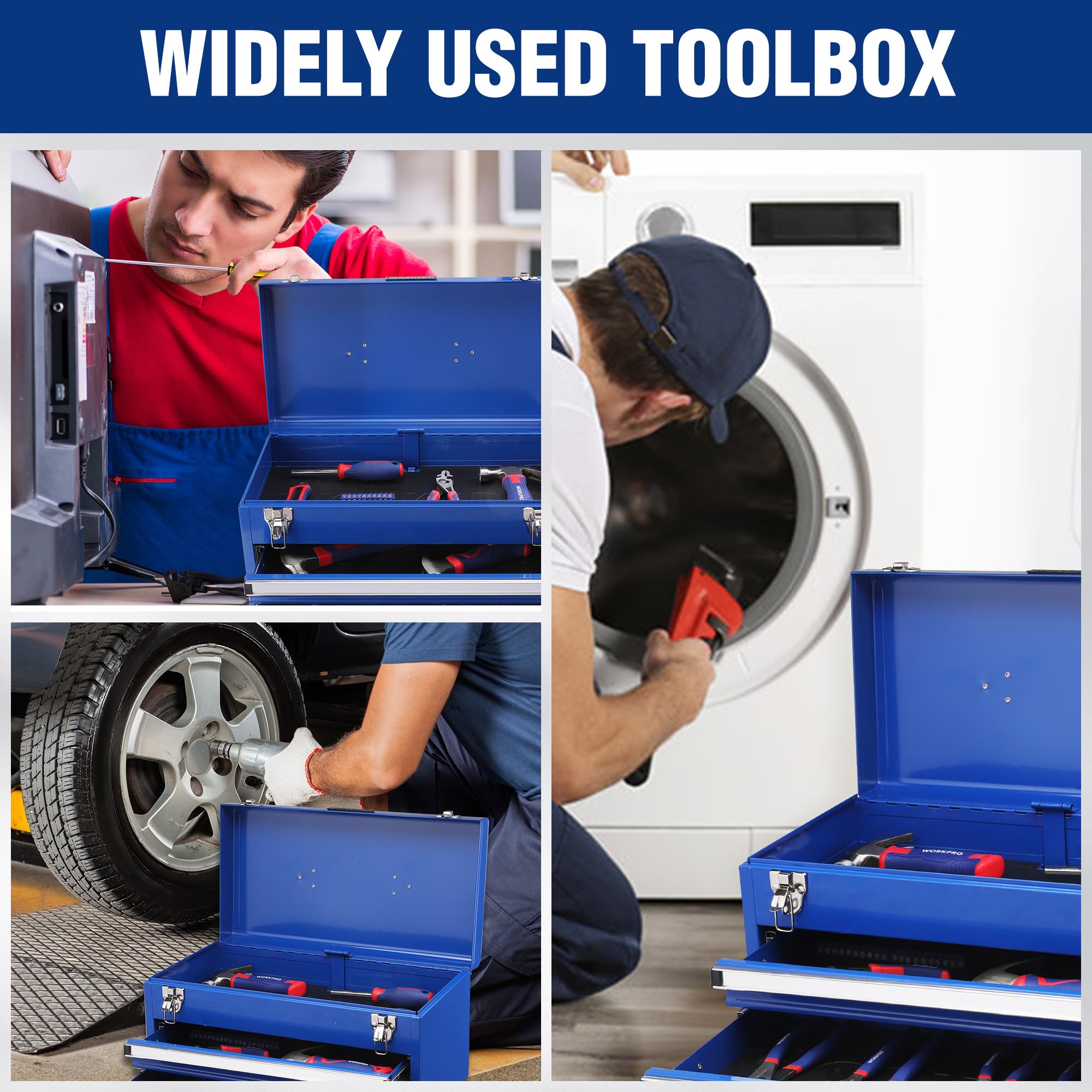 WORKPRO 18 Inch Heavy Duty Metal Tool Box with 2 Drawers & Top Storage - 100 LBS Capacity, Portable Tool Chest with Secure Latch & Non-Slip Liner for Garage, Workshop, Office & Home Organization - Perfect for DIY Projects, Car Repair & Tool Storage