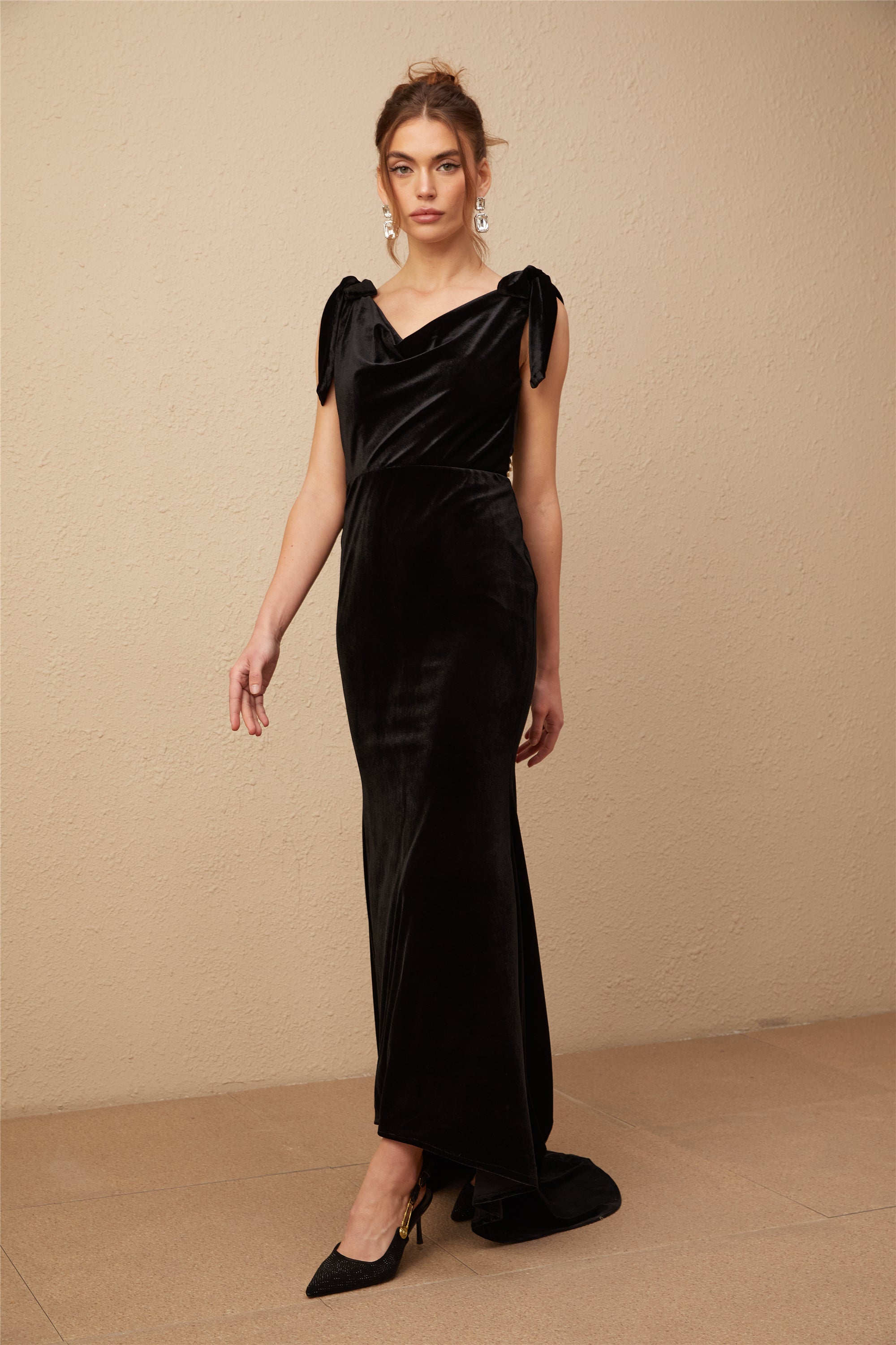 Elegant Audrey Embellished Velvet Open Back Maxi Dress for Women - Perfect for Evening Parties, Weddings & Special Occasions