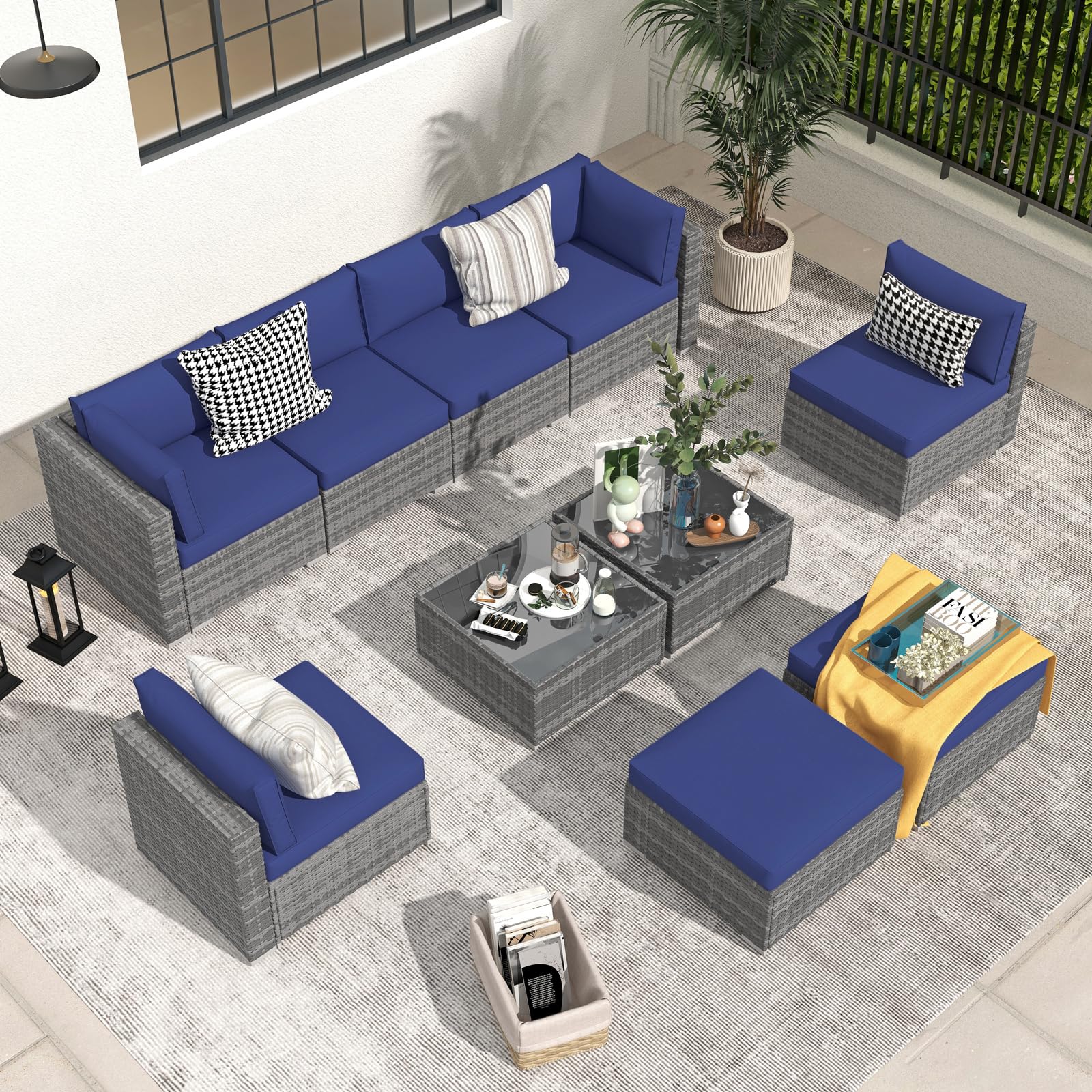 10-Piece Outdoor Patio Furniture Set - All-Weather PE Wicker with Ottoman & Blue Cushions - Patiorama Grey Conversation Set for Backyard, Porch, Garden, Poolside & Balcony Relaxation