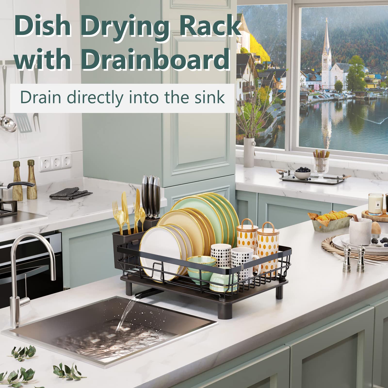 Stainless Steel Dish Drying Rack with Drainboard - Expandable Kitchen Counter Organizer with Utensil Holder & Knife Slots - Perfect for Small Spaces, Apartments, and RV Kitchens - Black