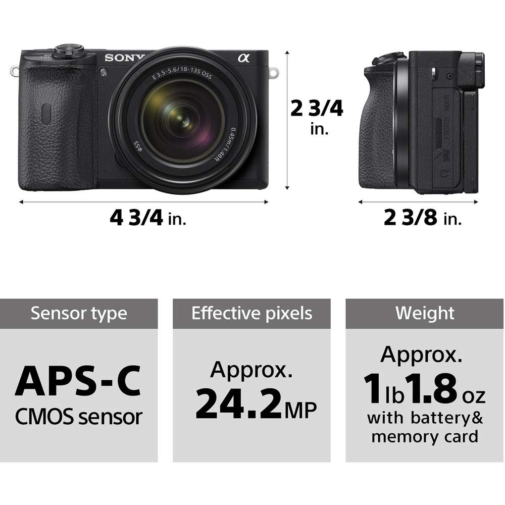 Sony Alpha a6600 Mirrorless Digital Camera 24.2MP 4K Video with 18-135mm Lens Kit - Includes 2x32GB Memory Cards, Durable Carrying Case, Spider Tripod & Software - Perfect for Travel, Vlogging & Professional Photography