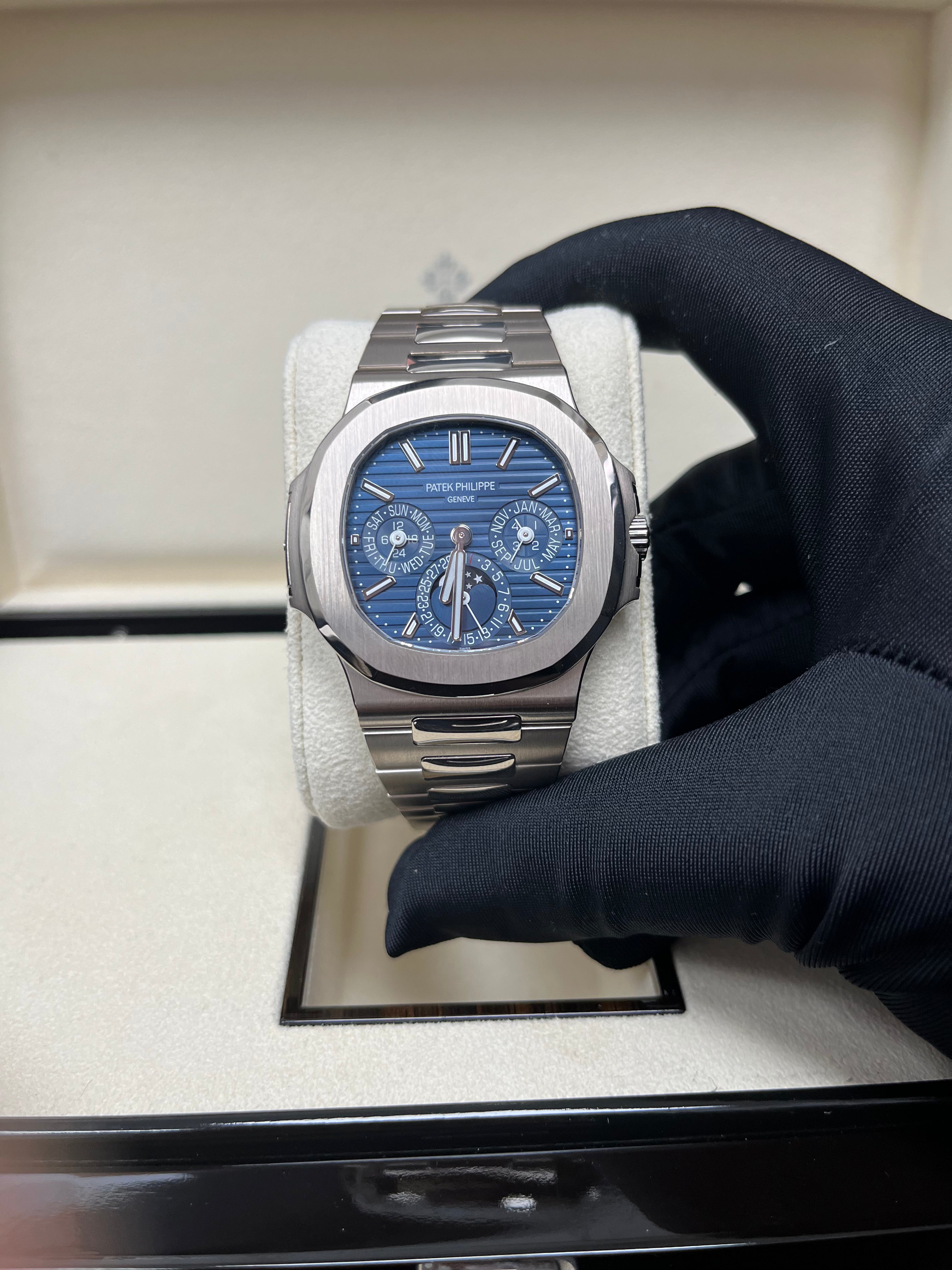Patek Philippe Nautilus Perpetual Calendar Watch - 18K White Gold Case, Blue Sunburst Dial (Ref#5740/1G-001) | Luxury Swiss Timepiece for Men, Business Meetings & Special Occasions