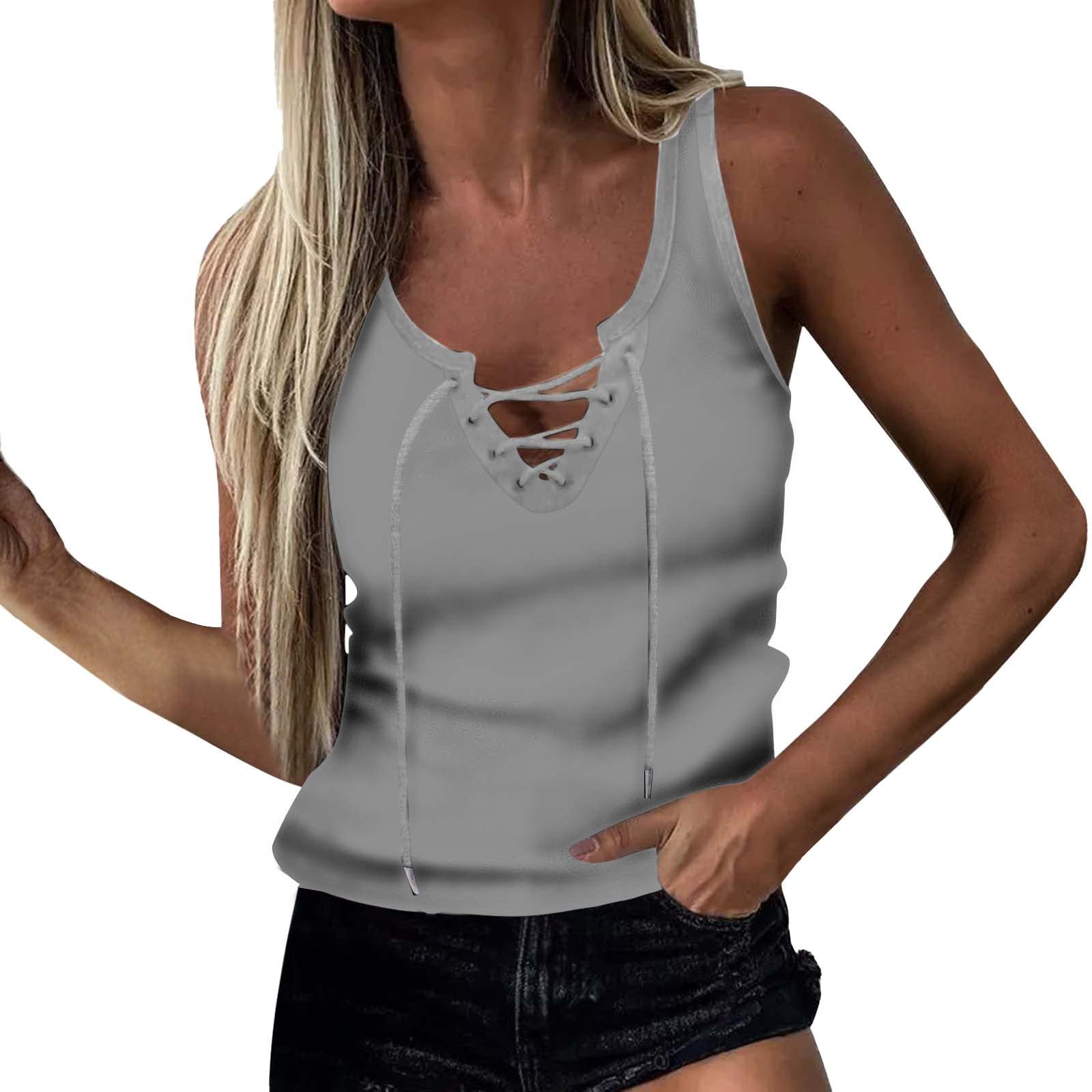 Women's Casual Sleeveless V-Neck Tie Front Fitted Tank Top - Solid Color Summer & Fall T-Shirt for Everyday Wear, Workout, and Layering