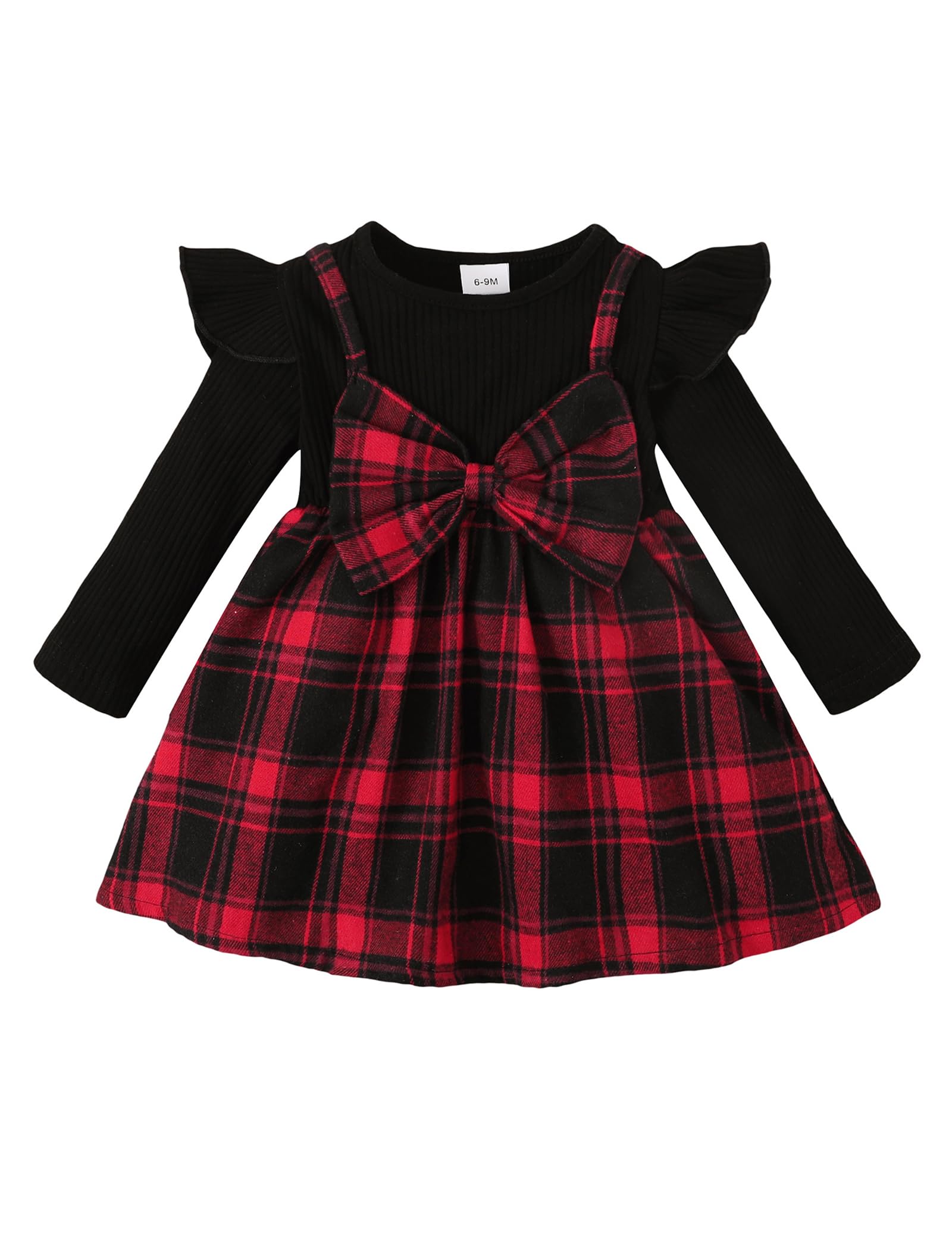 Puseky Baby Girl Long Sleeve Plaid Dress with Ruffles & Bowknot Strap - Cute Spring & Fall Outfit for Photoshoots, Parties & Daily Wear