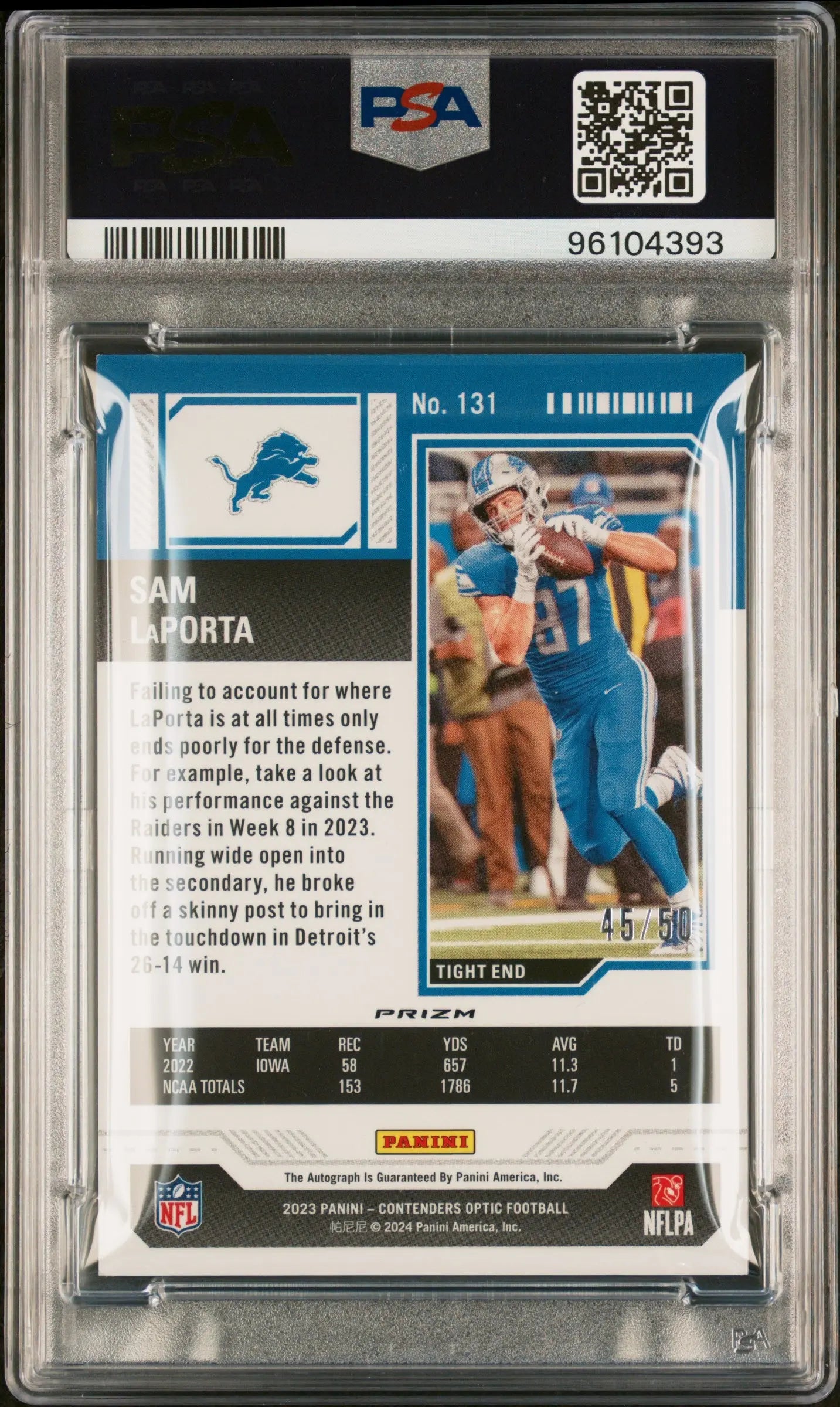 2023 Panini Contenders Optic Sam LaPorta Rookie Ticket Auto Orange PSA 9 /50 - Rare Football Trading Card for Collectors & Investors - Perfect for Sports Memorabilia Displays & Fantasy Football Fans