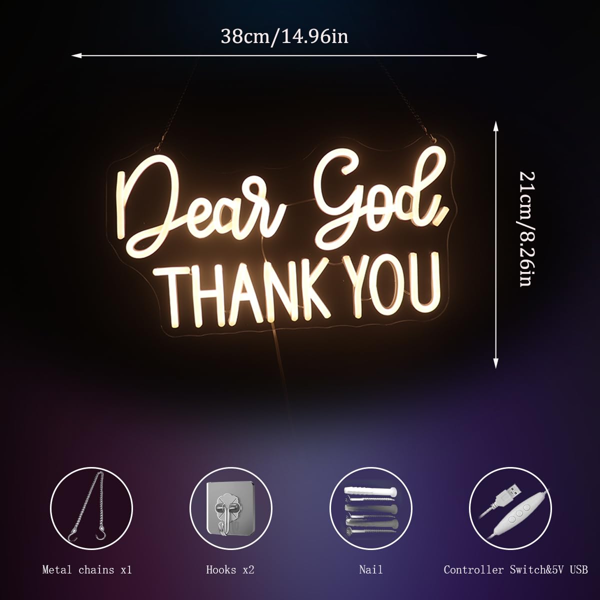 Dear God Thank You Neon Sign - Dimmable LED Decorative Light for Office, Home, Living Room & Classroom - Inspirational Christian Gift for Christmas, Birthday & Religious Occasions (Warm White)