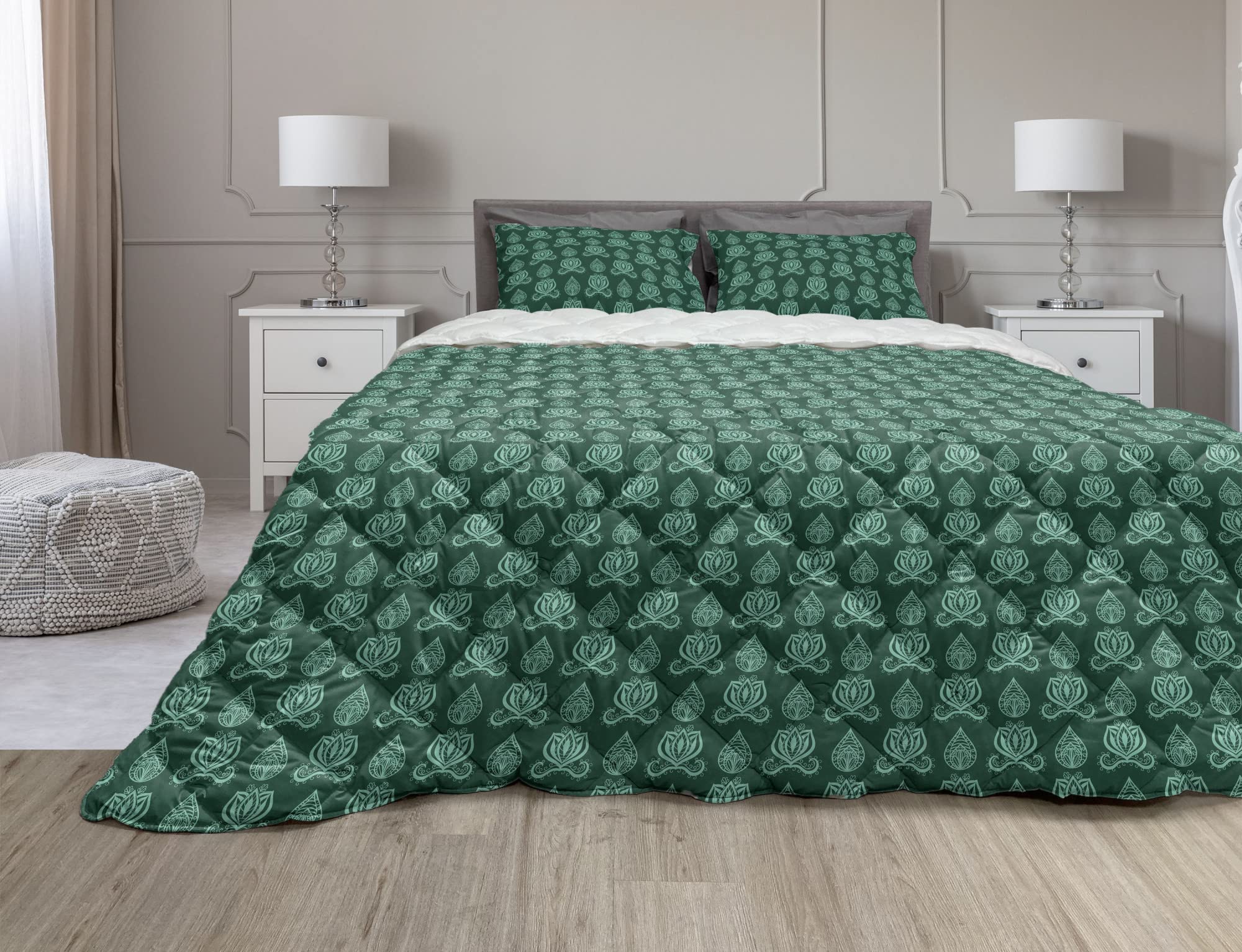 Ambesonne Oriental Comforter & Sham Bedding Set - Nature Inspired Floral Mandala Design, 2-Piece Microfiber Duvet Set with Quilt Filling, Twin XL Size in Hunter Green & Turquoise - Perfect for Yoga Retreats, Boho Bedrooms & Meditation Spaces