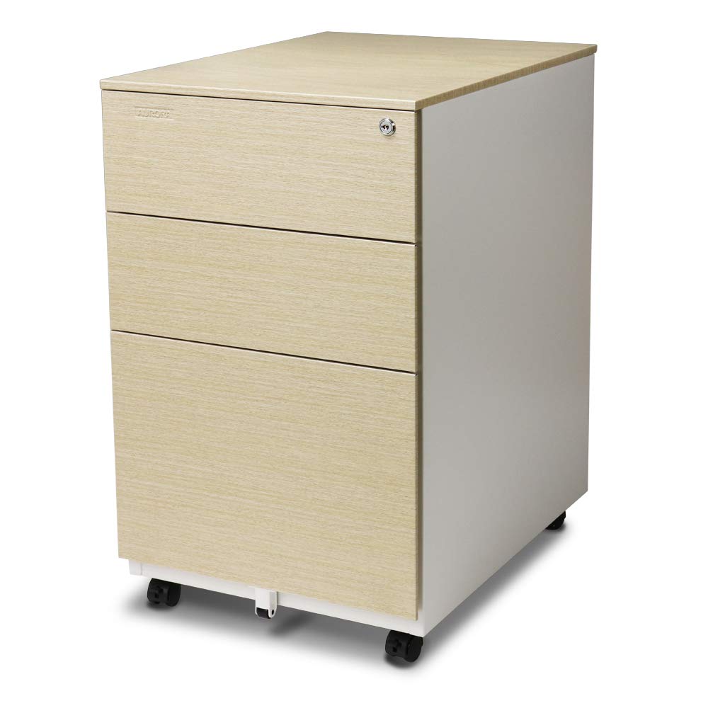 3-Drawer Metal File Cabinet with Lock & Key - Aurora Mobile Office Storage, White/Light Wenge, Fully Assembled for Instant Use | Perfect for Home Office, Classroom & Small Business Organization