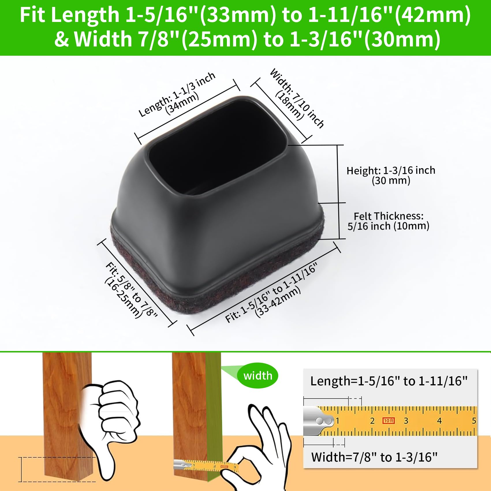 8-Piece Felt Chair Leg Floor Protectors - Rectangular Furniture Leg Caps for Bed, Chair & Bar Stools - Black Non-Slip Floor Protectors for Hardwood Floors (Fits Length 1.3