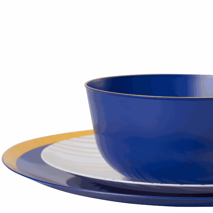 Elegant Blue and Gold Round Plastic Plates - 12-Pack Disposable Dinner Plates for Parties, Weddings, and Special Events - Durable and Stylish Tableware for Celebrations