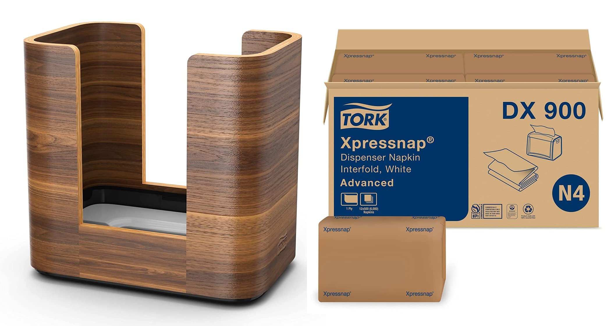 Tork Xpressnap Walnut Tabletop Napkin Dispenser with White Refill - 12 Packs of 500 Premium 2-Ply Napkins for Restaurants, Offices & Catering Events