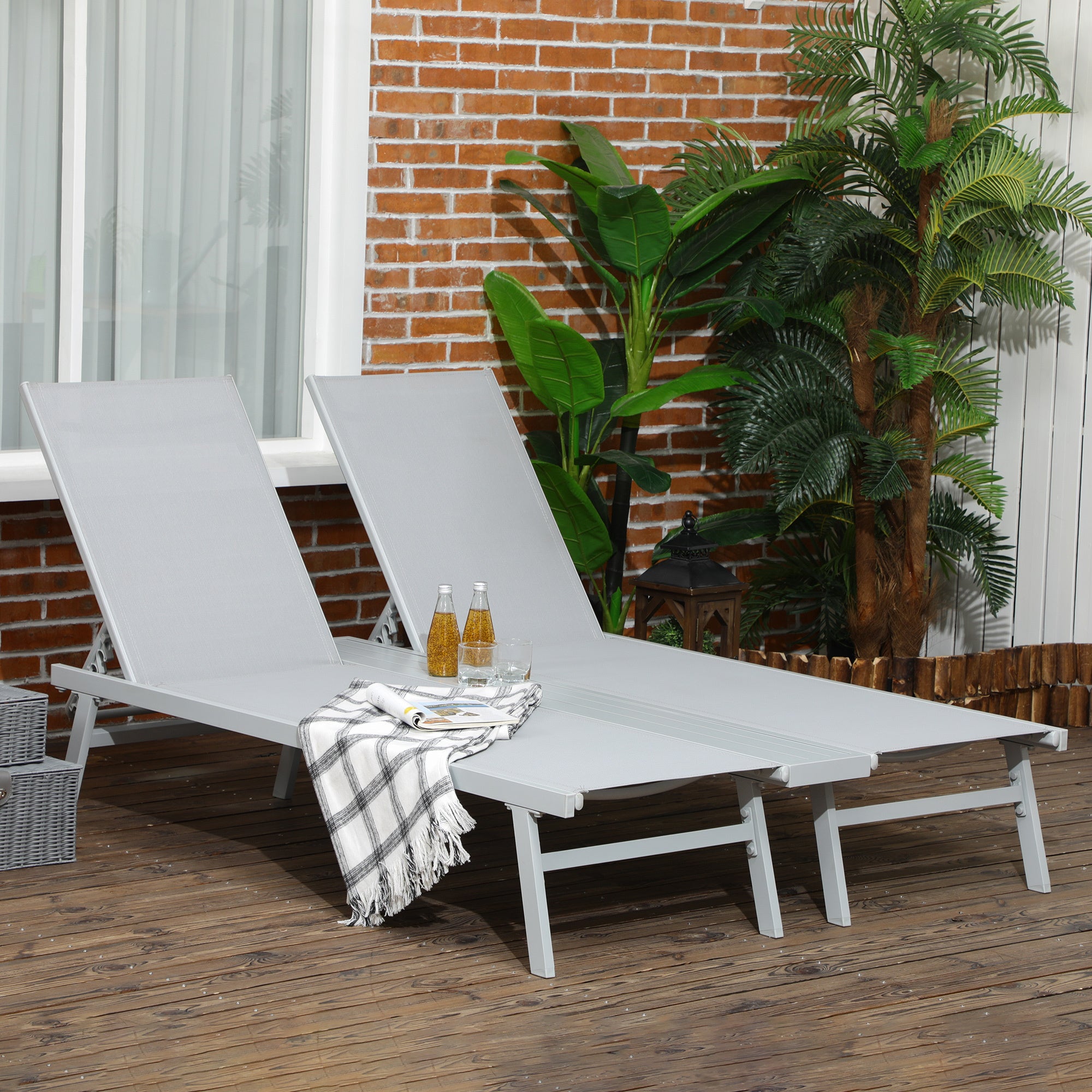 2-Pack Light Gray Aluminum Chaise Lounge Pool Chairs - 5-Position Reclining Outdoor Sunbathing Chairs with Storage Shelf & Breathable Mesh for Beach, Backyard, Patio, Garden Relaxation