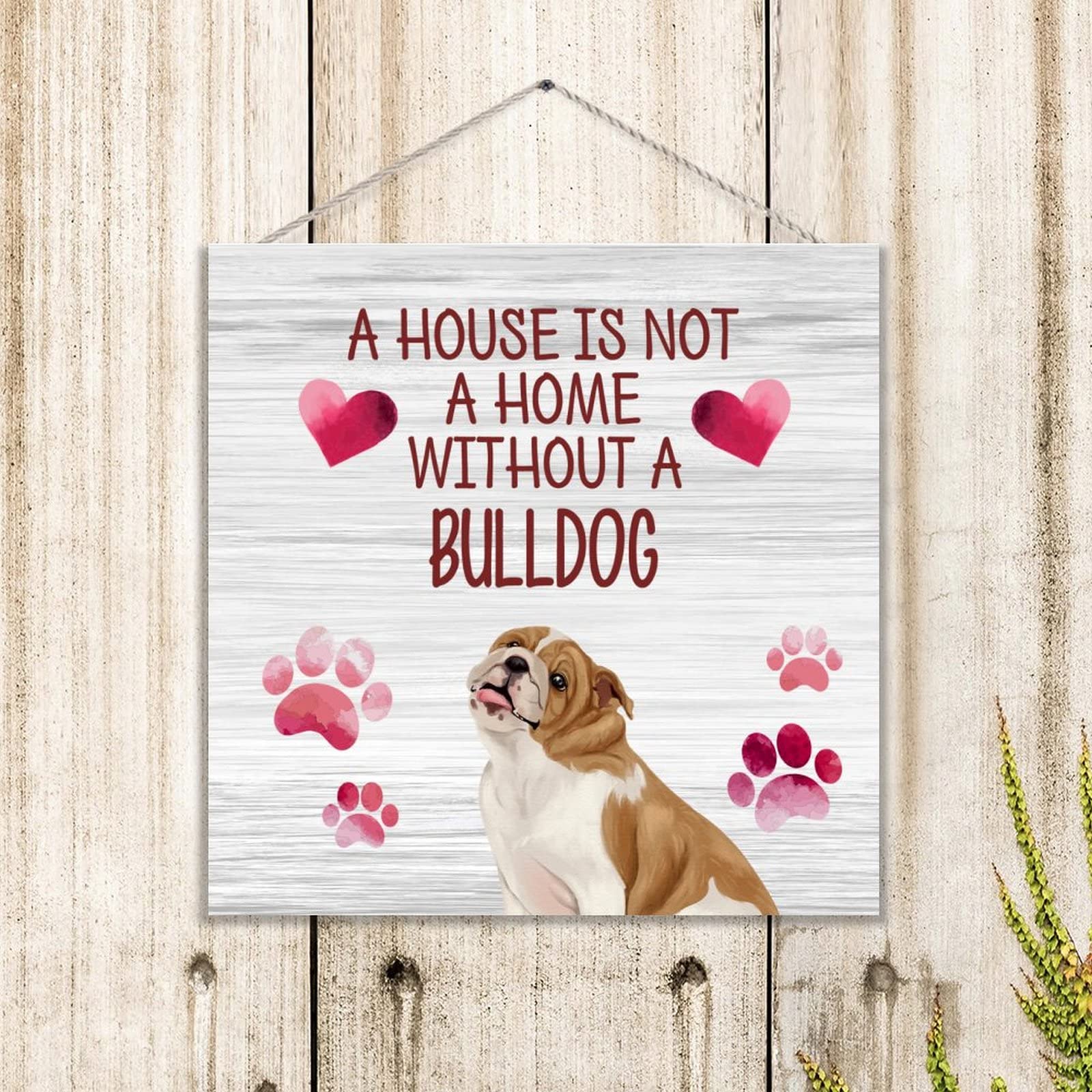 ENEDNATE Bulldog Wood Sign - Rustic Hanging Plaque 12x12 - Perfect for Pet Lovers Home Decor