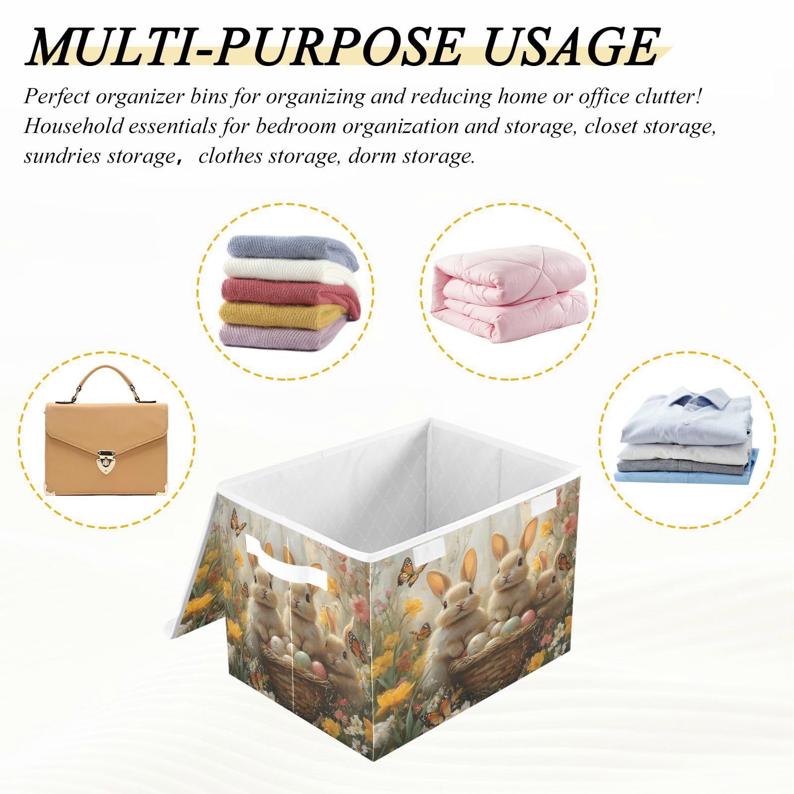 Easter Storage Baskets Collapsible with Lids - Rabbit Bunny Egg Butterfly Design Organizing Bins for Clothes, Toys & Home Decor | Perfect for Easter Decorations, Kids Room Organization & Holiday Gift Storage