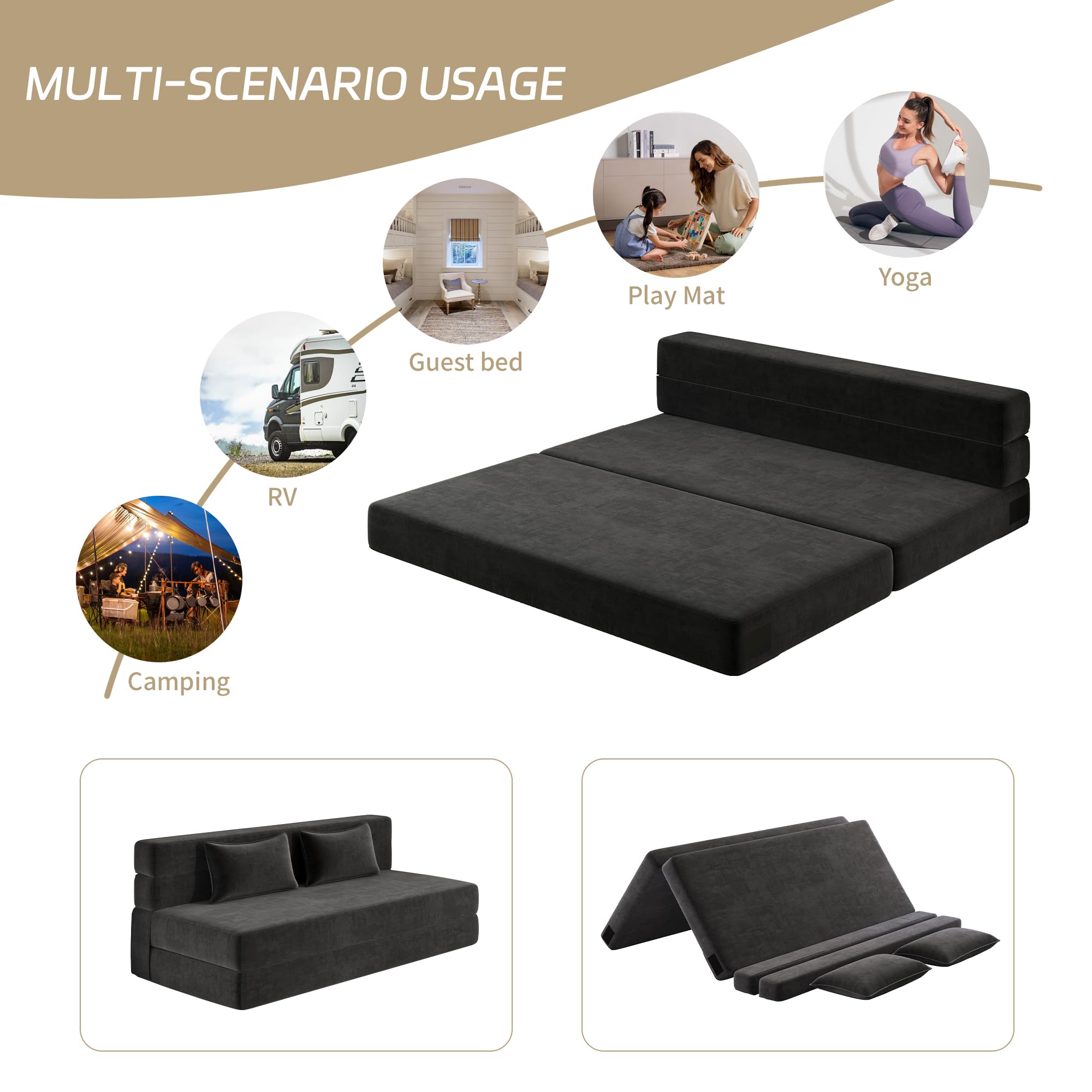 Luoxiao Queen Size Folding Sofa Bed Convertible Sleeper Chair with Pillows - Foldable Futon Floor Sofa for Living Room, Dorm, Guest Room - Washable Dark Grey Cover - Perfect for Small Spaces, Lounging & Overnight Guests