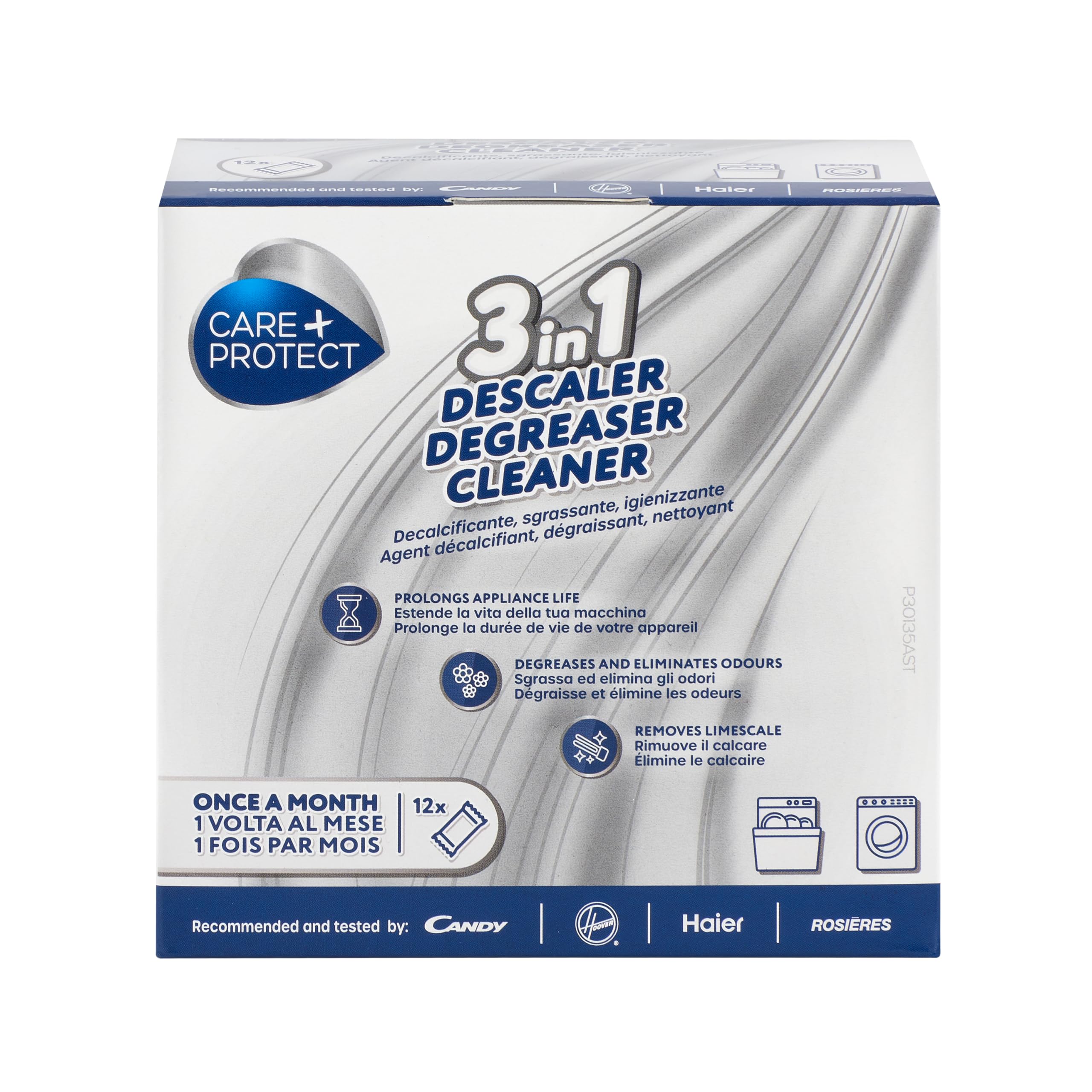 CARE+PROTECT 3-in-1 Washing Machine & Dishwasher Cleaner - Limescale Remover, Degreaser & Hygienic Cleaner - Universal Formula (12 Sachets for 12 Months Supply) - Perfect for Laundry & Kitchen Appliance Maintenance