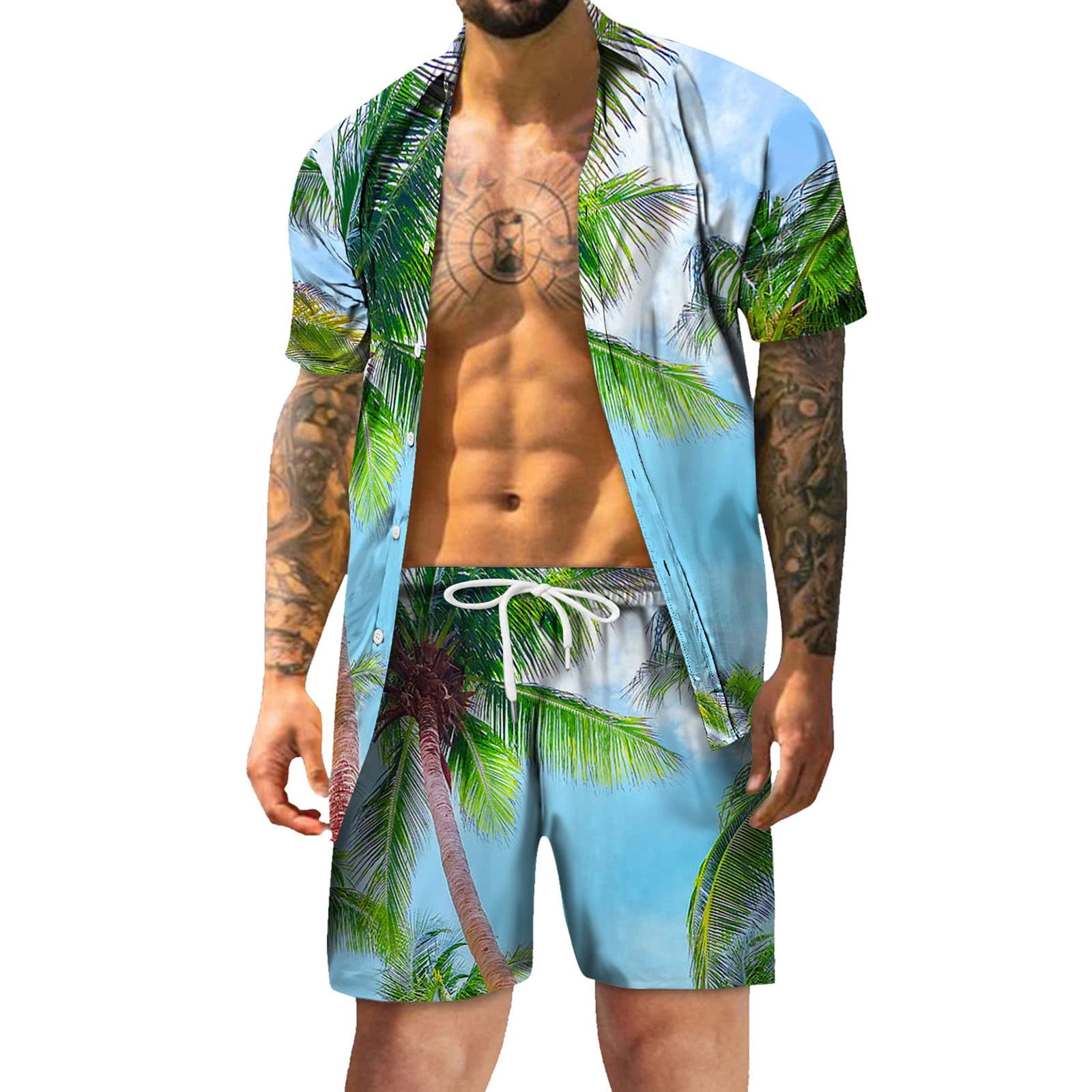 **Men's Hawaiian Shirt and Shorts 2-Piece Set – Classic-Fit Printed Linen Button-Up Shirt & UPF 50+ Casual Shorts for Spring, Summer, Beach, BBQ, Honeymoon, and Vacation Outfits**