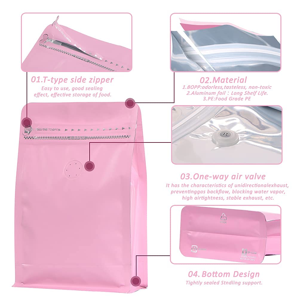 Premium Flat Bottom Coffee Bags with One-Way Valve - High Barrier Aluminum Foil Stand-Up Pouches for Fresh Coffee Beans Storage (8oz/50pc, Pink) | Reusable, Heat Sealable with Side Zipper | Perfect for Home Roasters, Coffee Shops & Bulk Storage
