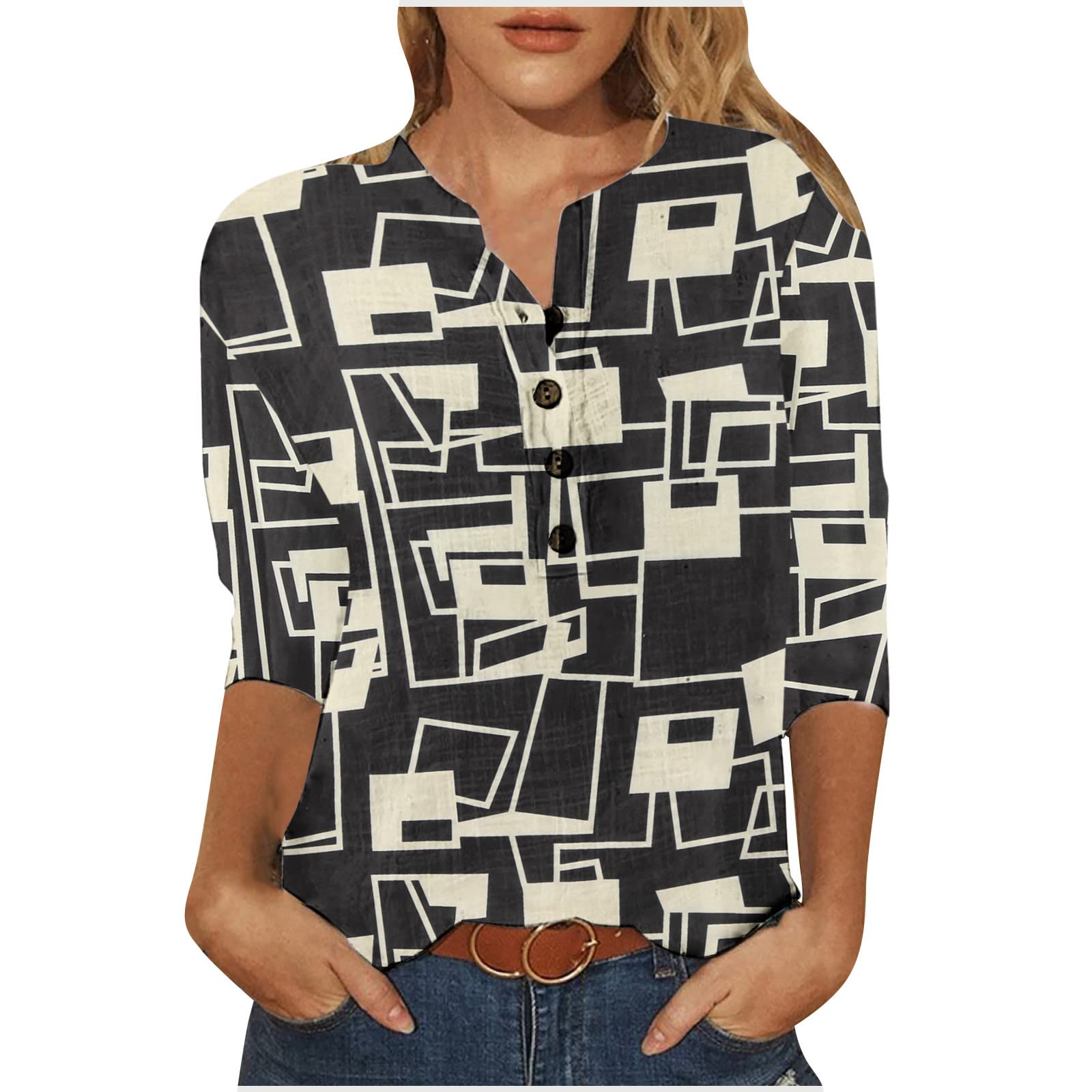 Trendy Women's 3/4 Sleeve V-Neck Printed Button Down Shirt - Loose Fit Casual Tunic Blouse for Work, Travel & Everyday Wear