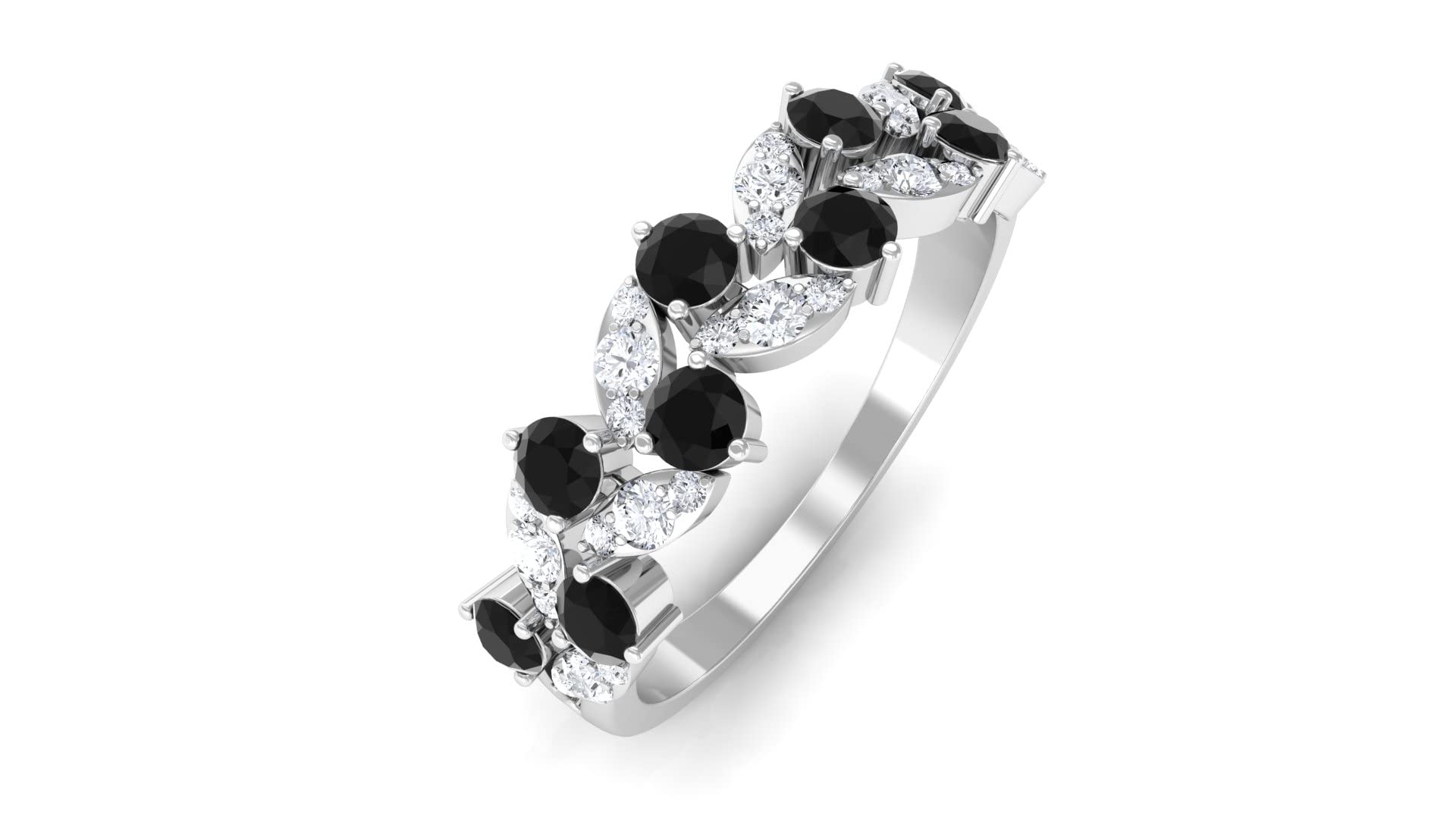 3/4 CT Black Onyx & Diamond Half Eternity Ring - 14K Solid Gold Leaf Design Women's Wedding Band - Perfect for Anniversary Gifts, Engagement Rings & Special Occasions