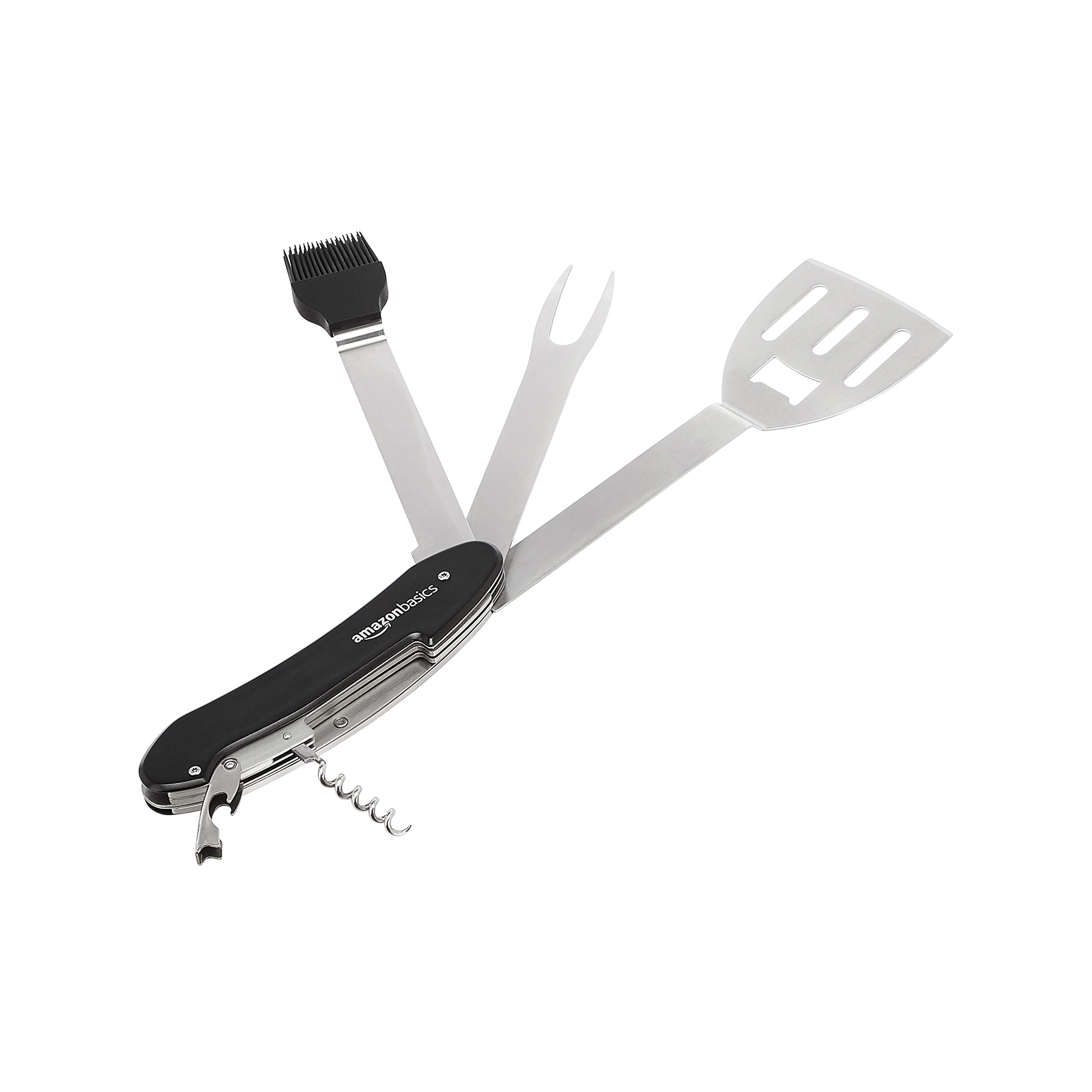 Amazon Basics 4-in-1 Foldable BBQ Grill Tool Set with Spatula, Tongs, Fork & Brush - Perfect for Outdoor Grilling, Camping, and Backyard Barbecues