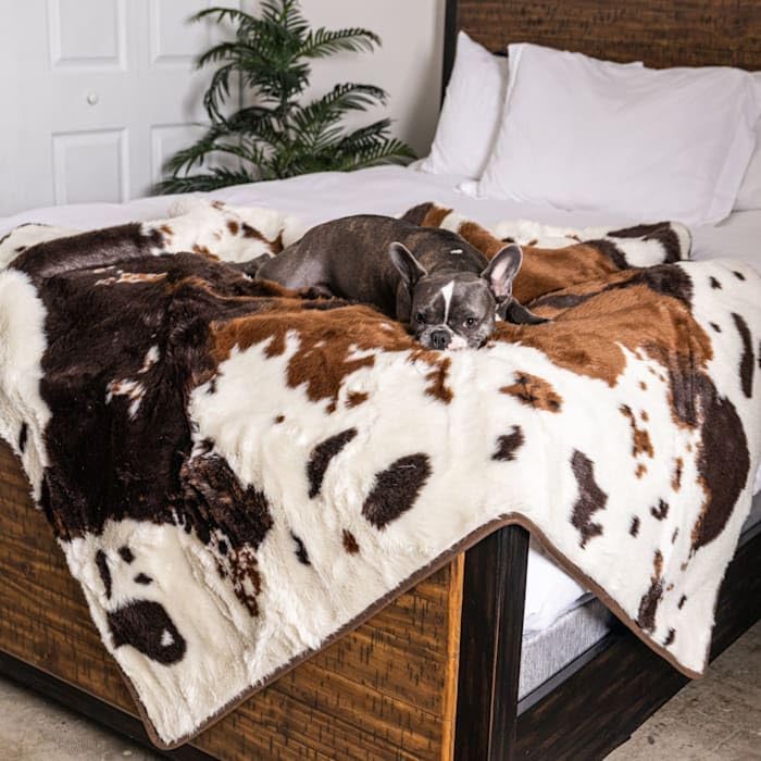 Waterproof Pet Blanket for Dogs & Cats - Soft Faux Fur Throw Cover for Couches, Sofas, Beds & Car Seats - Calming Brown Cowhide Design (60