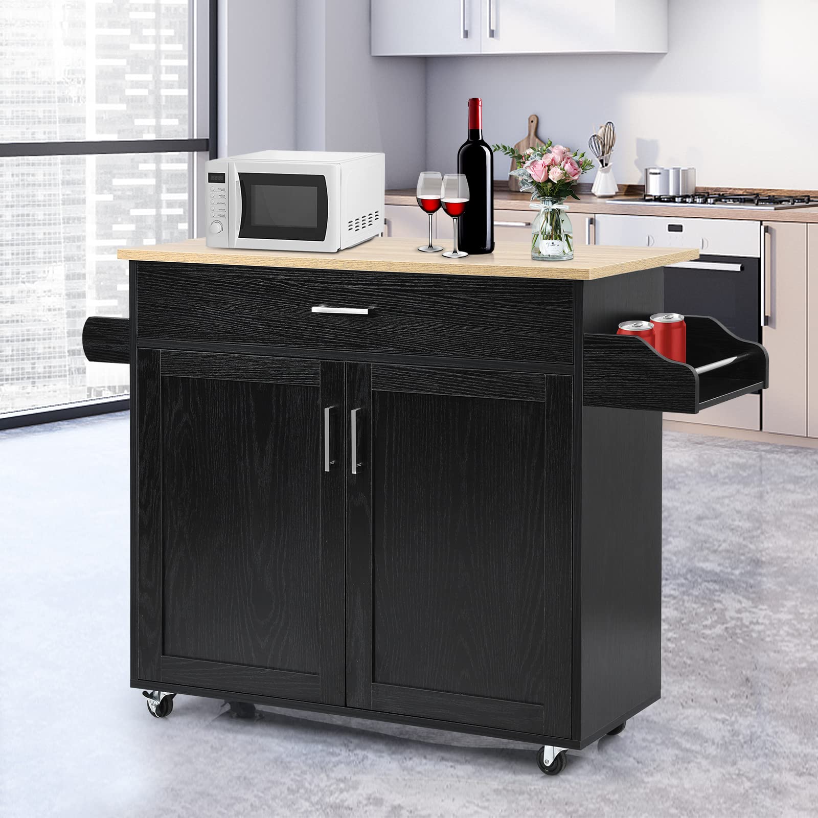 HAPPYGRILL Kitchen Island Cart with Wheels - Adjustable Shelf, Drawer, Spice Rack & 2-Door Cabinet - Mobile Kitchen Storage Trolley with Towel Holder - Wooden Rolling Cart for Dining Room & Small Spaces - Black    Perfect for small kitchens, apartment living, meal prep stations, buffet serving, and extra counter space in dining areas.
