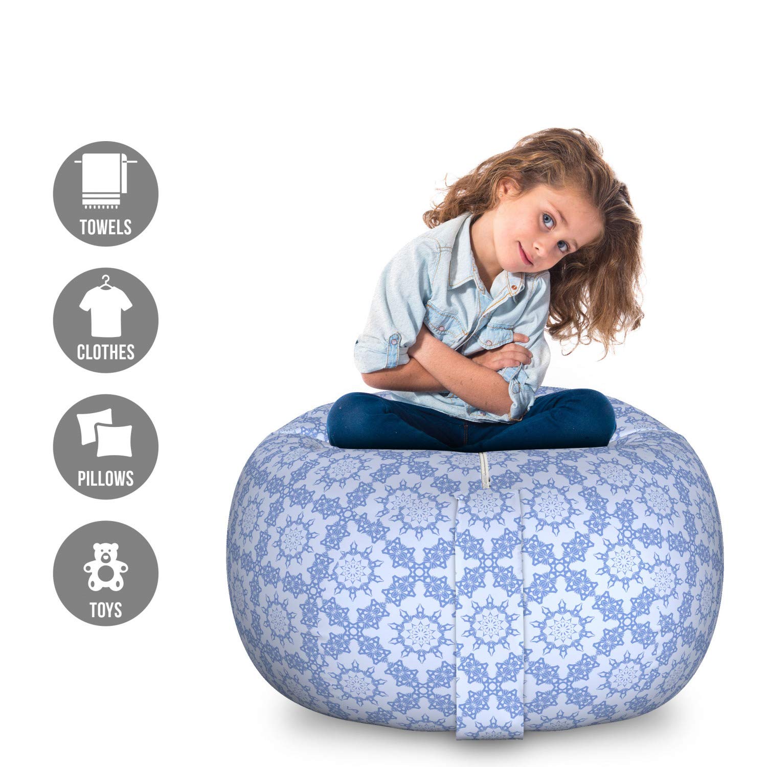 Ambesonne Large Washable Toy Storage Bag Chair - Moroccan Oriental Ottoman Bohemian Print, Stuffed Animal Organizer, Ceil Blue | Kids Room Decor, Playroom Storage, Nursery Organization