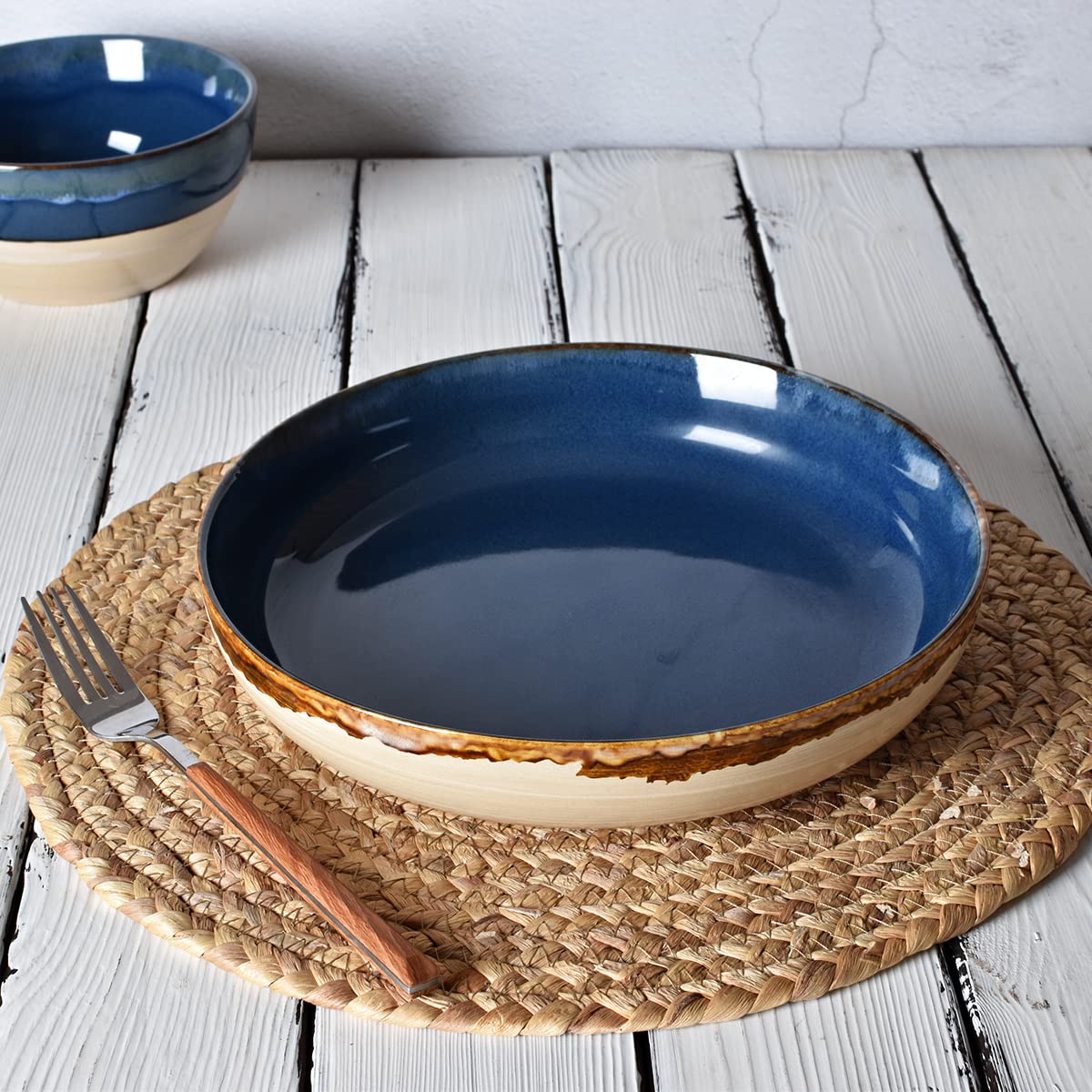 Bosmarlin 40 Oz Stoneware Pasta Bowls Set of 4 - Large Microwave & Dishwasher Safe Salad Bowls in Prussian Blue (9.3 Inch) - Perfect for Family Dinners, Pasta Dishes & Entertaining Guests