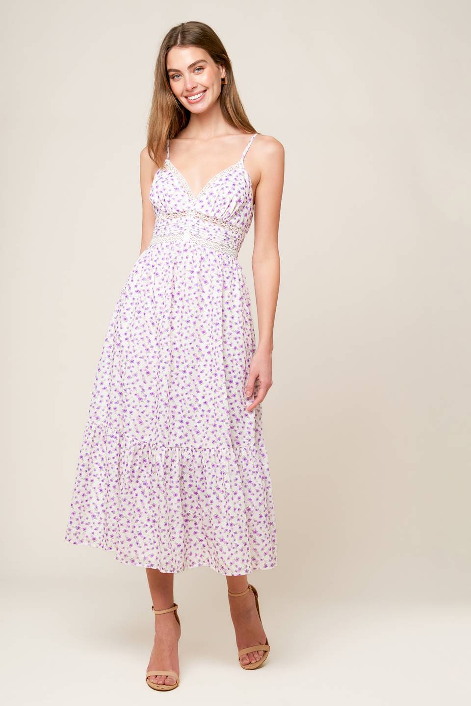 Lavender Floral Midi Dress - Elegant Daytime & Evening Wear for Women | Perfect for Weddings, Parties & Special Occasions