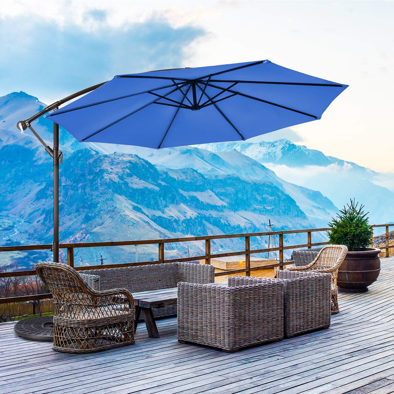 Tangkula 10FT Outdoor Cantilever Umbrella - Patio Offset Hanging Market Umbrella with Easy Tilt Adjustment, 8 Sturdy Ribs & Crank Handle - Heavy Duty Cross Base for Garden, Backyard, Deck, Poolside (Blue) | Perfect for Shading Outdoor Dining Areas, Lounging by the Pool, and Creating Comfortable Outdoor Living Spaces