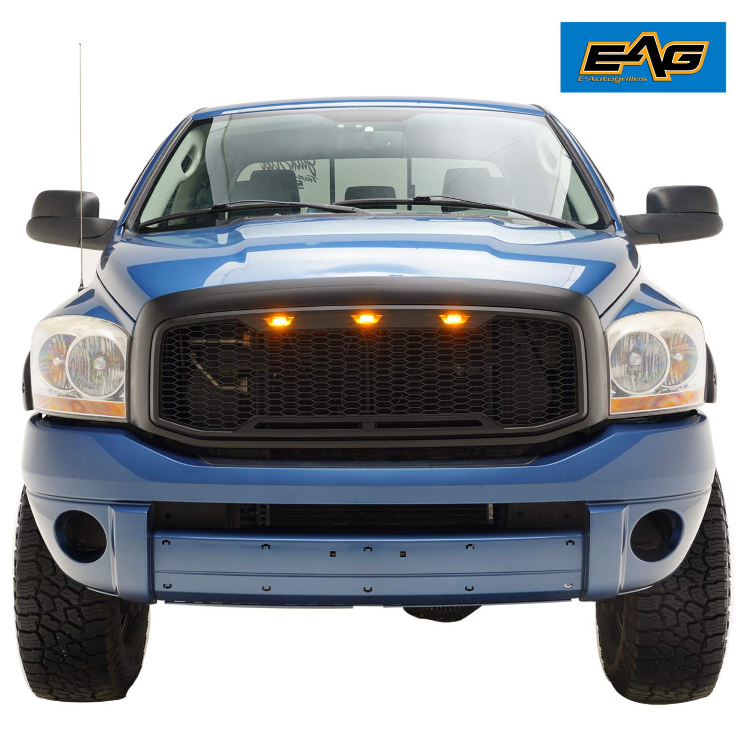 EAG Replacement Upper ABS Grille with Amber LED Lights - Matte Black for 06-08 Dodge Ram 1500 & 06-09 Dodge Ram 2500/3500 | Off-Road Style Upgrade & Enhanced Night Visibility
