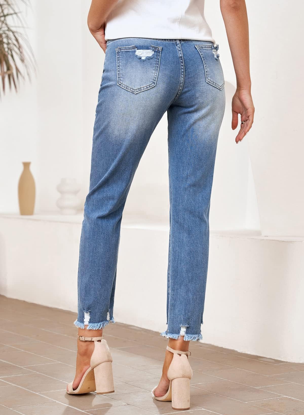 EVALESS Women's Mid Waist Stretch Ripped Distressed Jeans - Tummy Control Straight Leg Ankle Jeans for Women | Trendy 2025 Fashion | Perfect for Casual Outfits, Date Nights & Office Wear