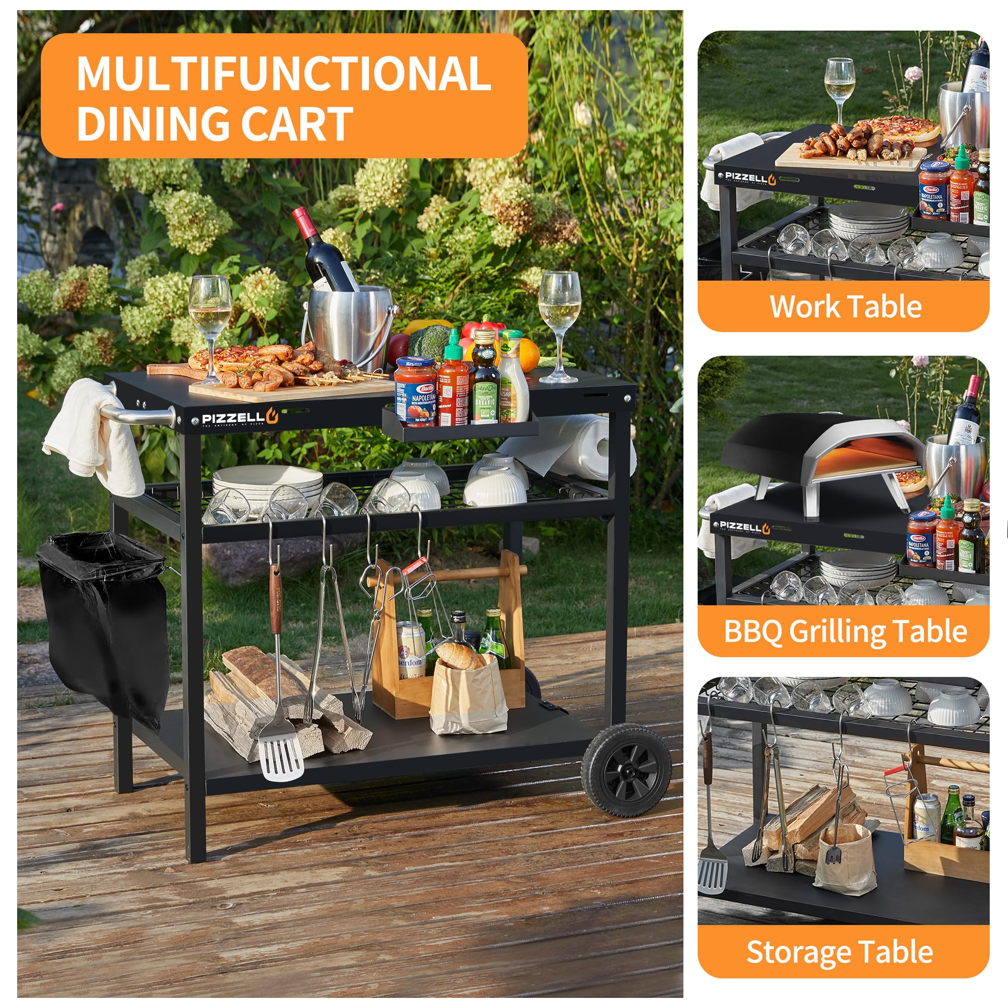 3-Tier Outdoor Grill Cart with Wheels - 34