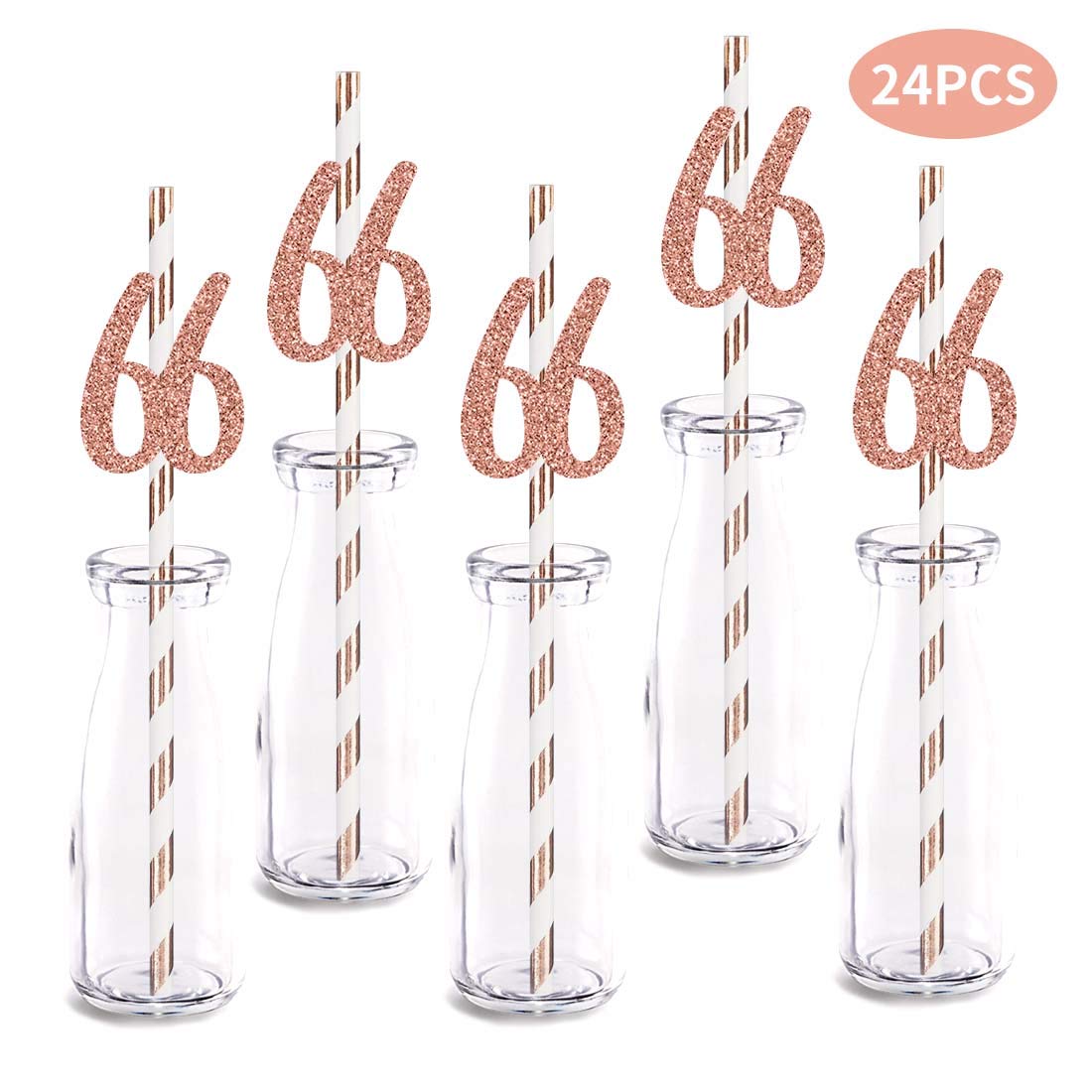 Rose Gold Glitter 66th Birthday Party Straws - 24pcs Cut-Out Number 66 Drinking Decorations for Anniversary Celebrations, Bridal Showers & Special Occasions