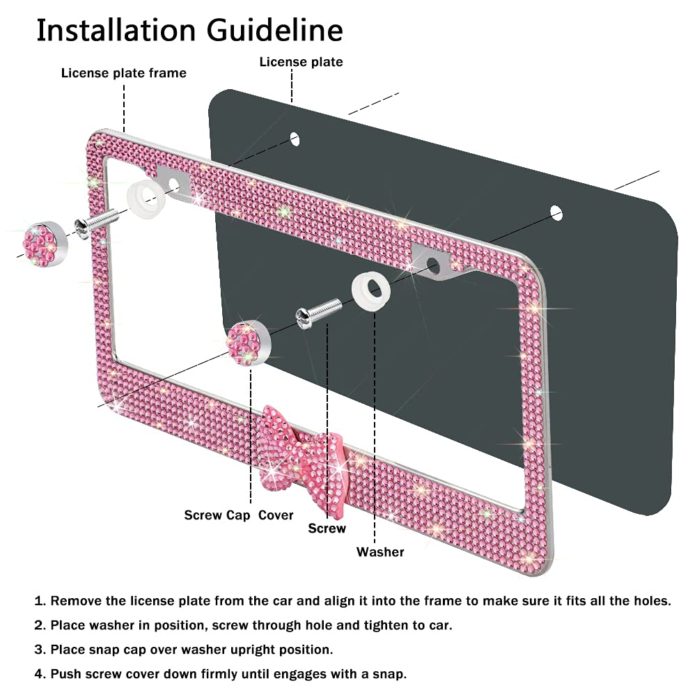 OTOSTAR Bling License Plate Frame with Rhinestones - Handcrafted Stainless Steel 2 Hole Holder with Anti-Theft Screws & Pink Ribbon Bow (Pink/Pink Bowtie) - Perfect for Car Accessories, Gift Ideas & Vehicle Customization