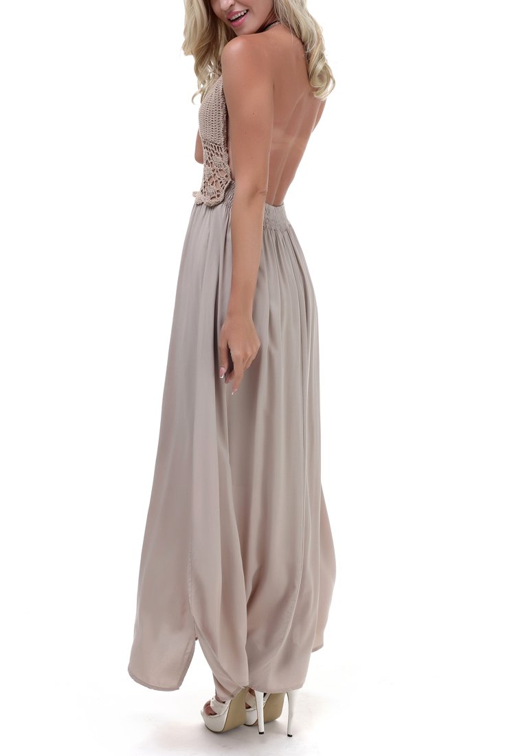 LILBETTER Women's Bohemian Crochet Backless Halter Maxi Dress - Flowy Beach Cover Up, Summer Vacation, Pool Party, Boho Festival Outfit