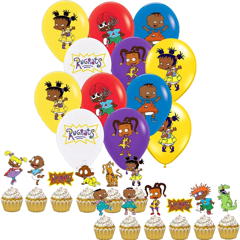 24-Piece Rugrats Ethnic Party Combo - 12 Cupcake Toppers + 12 Latex Balloons for Birthday Cake Decorations | Themed Party Supplies for Baby Showers, Kids Celebrations & Birthday Decor