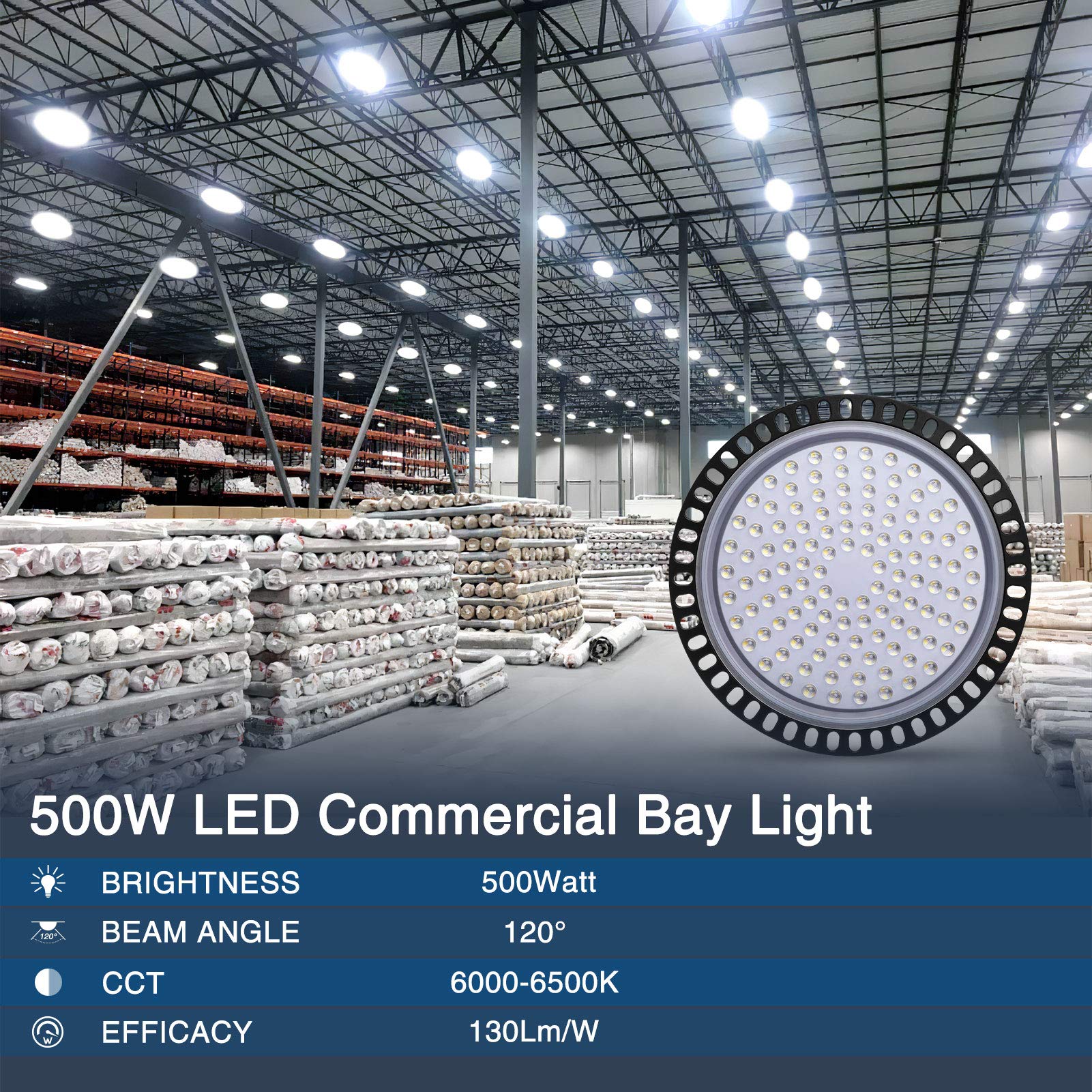 Ankishi UFO LED High Bay Light 4 Pack - 500W 50000LM Waterproof Commercial Lighting with Brackets, 6500K Daylight White - Warehouse, Workshop, Factory, Gym - 2000W HID/HPS Equivalent - Energy Saving & Durable Industrial Lights for Indoor/Outdoor Use