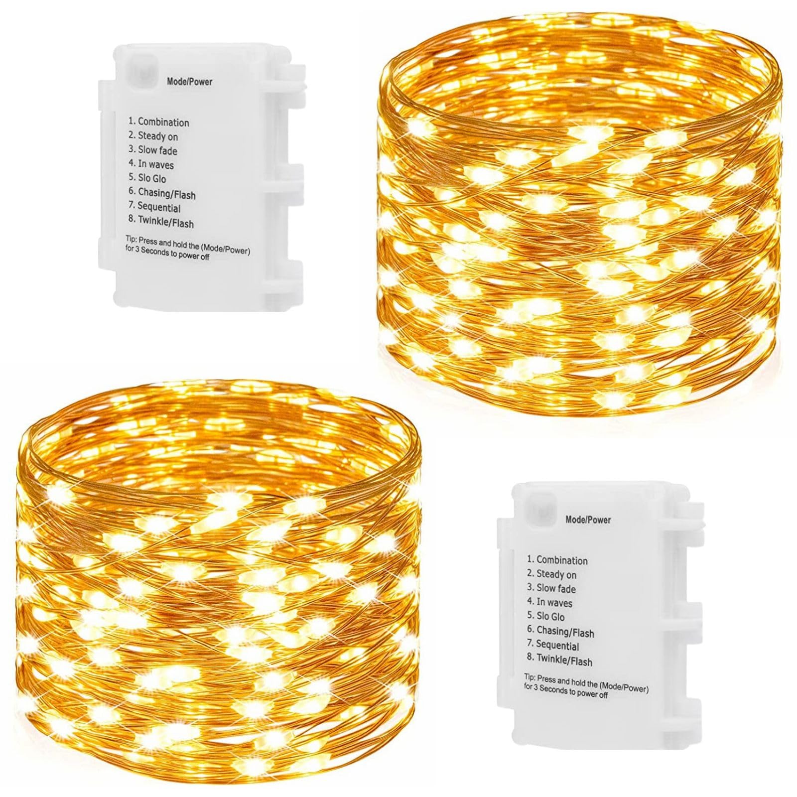 Koopower 2X 50 LEDs Battery Operated Fairy Lights - 16ft Waterproof Copper Wire String Lights with 8 Lighting Modes (Warm White) - Perfect for Outdoor Decor, Garden, Wedding, Party & Christmas Tree Lighting