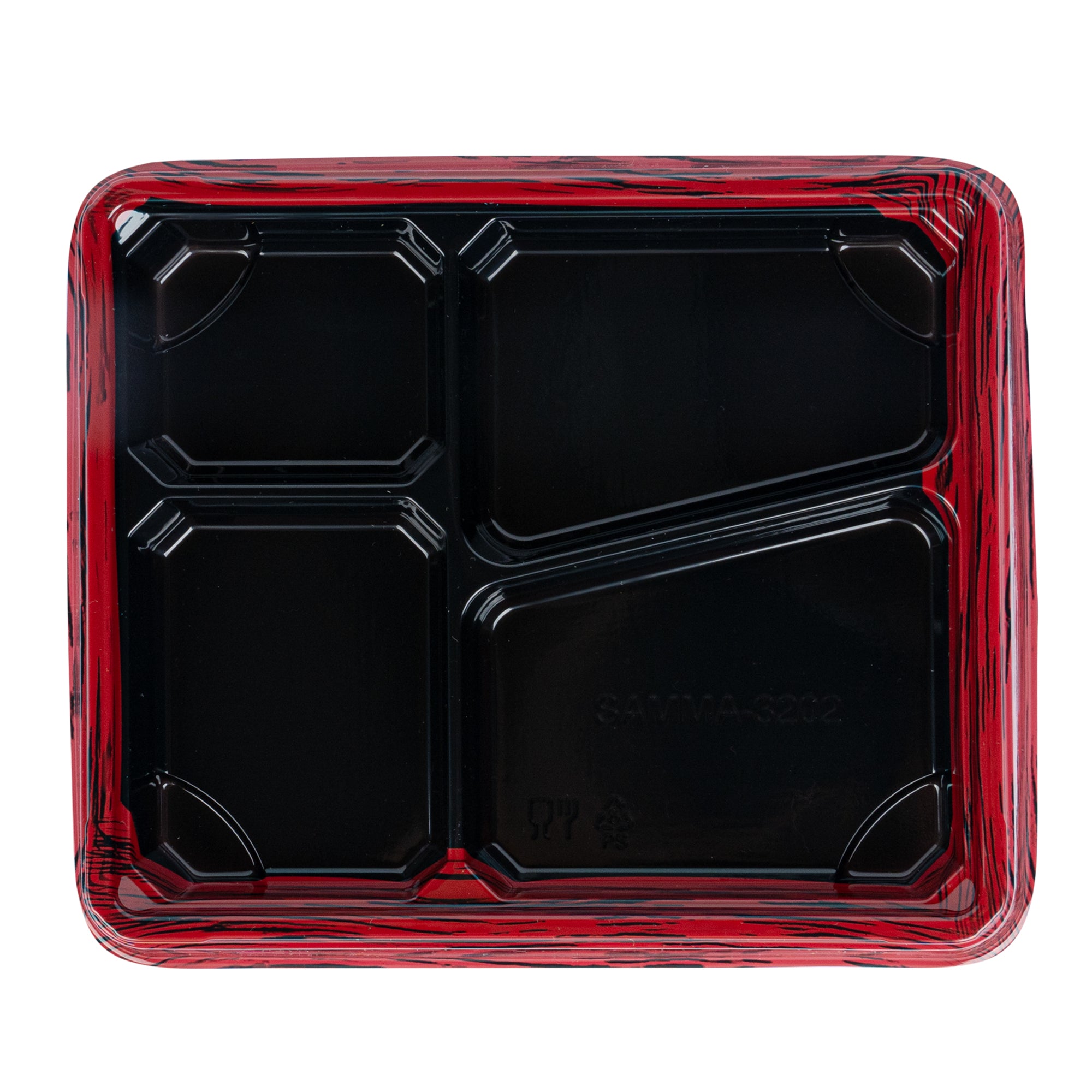 Bento Tek 19 oz Rectangle Red and Black Plastic Bento Box with 4 Compartments - 9.25